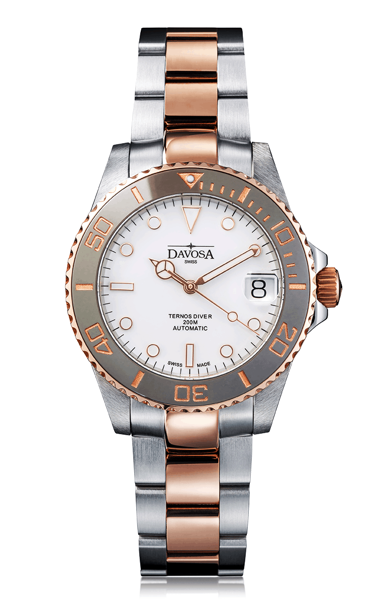 Ternos Medium Automatic 200m White Dial Two Tone Rose Gold Diver Watch 16619620 Diver Davosa USA Official Distributor. Prices are Final. Tax & duties included.