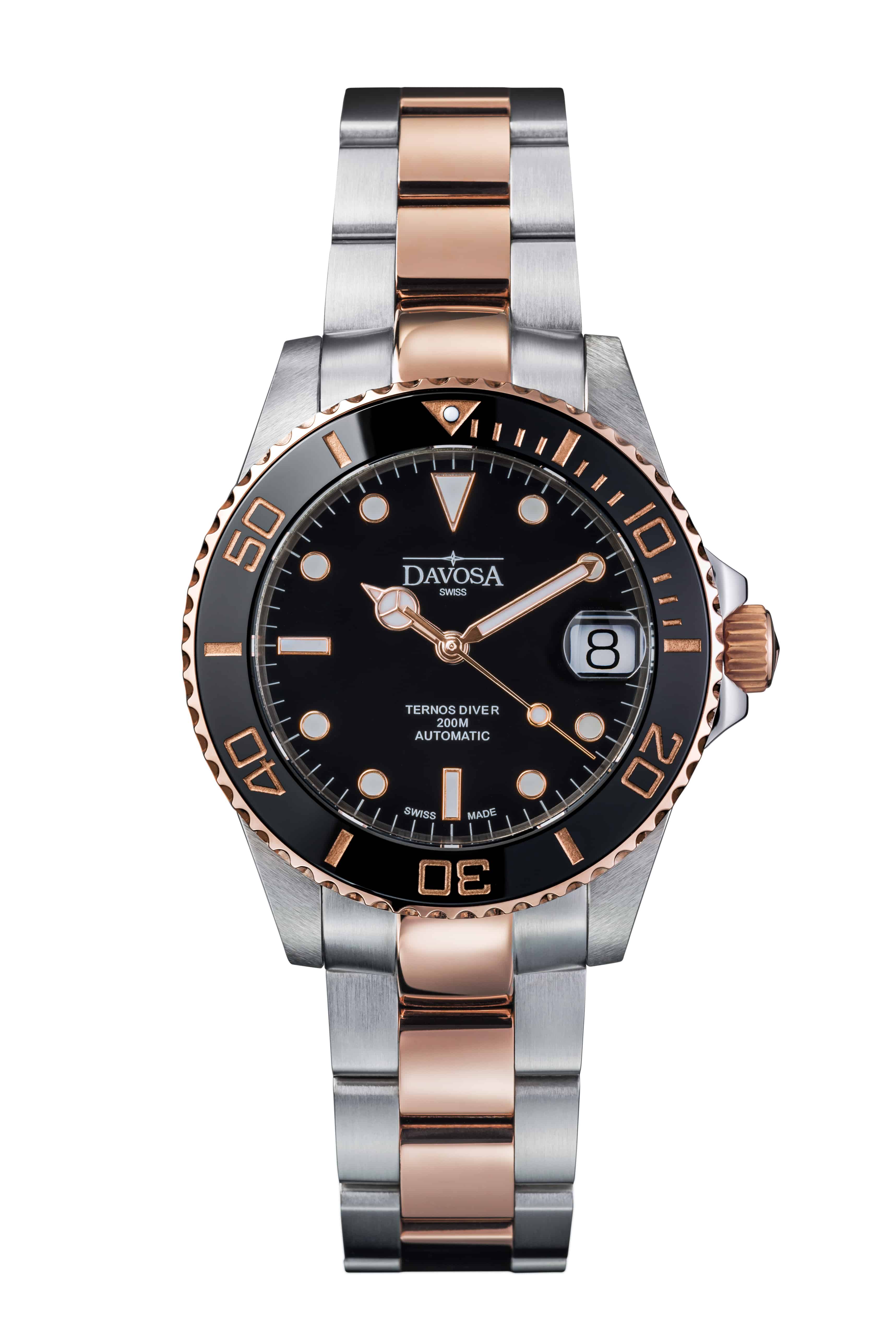 Ternos Medium Automatic Black Rose Gold Diving Watch 16619650 Diver Davosa USA Official Distributor. Prices are Final. Tax & duties included.