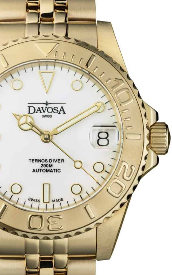Ternos Medium Automatic 200M Swiss-Made Golden Unisex Diver Watch 16619802 Diver Davosa USA Official Distributor. Prices are Final. Tax & duties included.