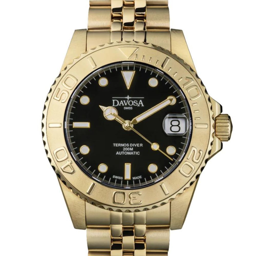 Ternos Medium Automatic Swiss-Made Gold-Tone Black Diving Watch Diver DAVOSA Swiss PentaLink