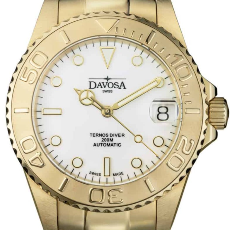 Ternos Medium Automatic Swiss-Made Gold-Tone Diving Watch 16619820 Diver Davosa USA Official Distributor. Prices are Final. Tax & duties included. 36.5mm White-Gold TriaLink