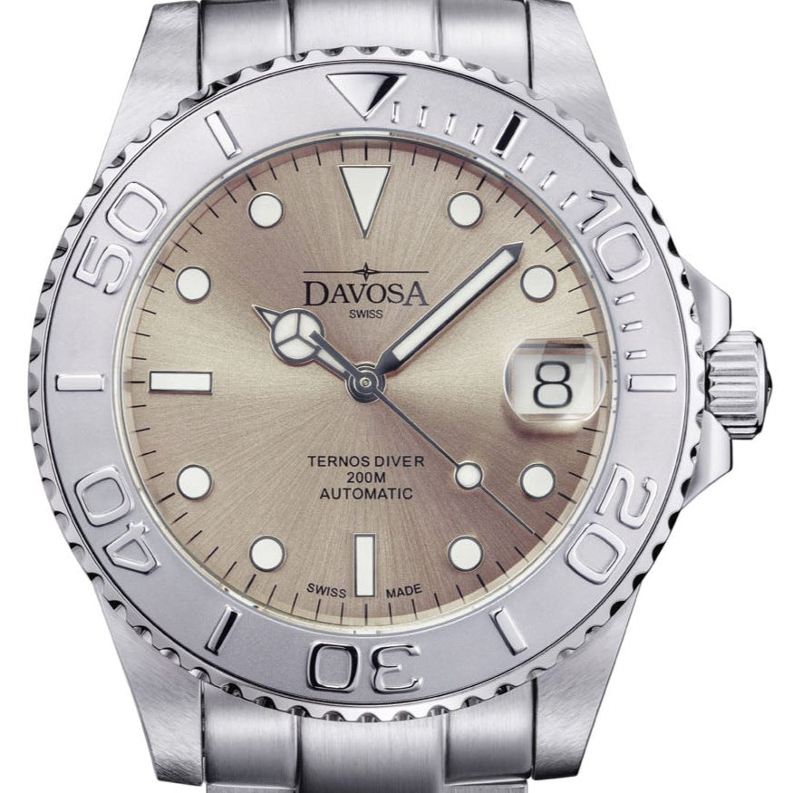Ternos Medium Automatic Limited Edition California Sandy Beige Diver Watch 16619980 Diver Davosa USA Official Distributor. Prices are Final. Tax & duties included. 43mm Beige TriaLink
