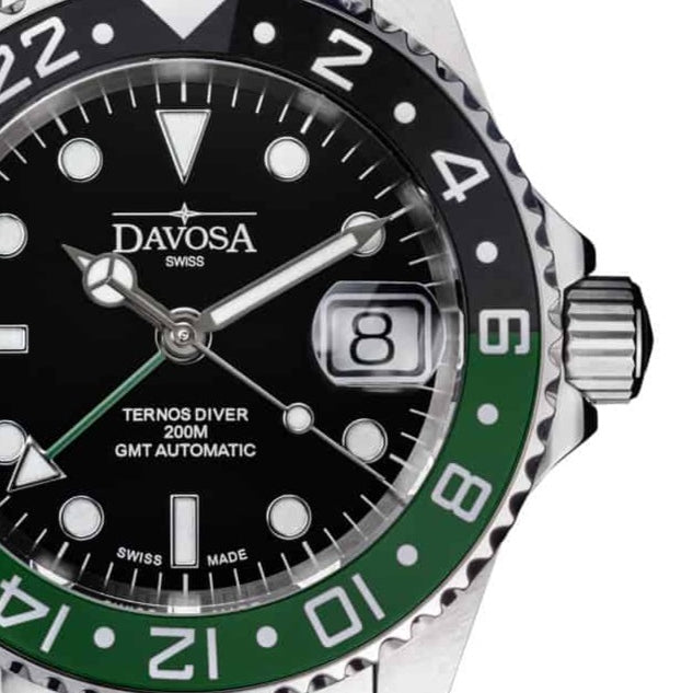 Ternos Ceramic Automatic GMT Swiss-Made Black Green Diving Watch 16159070 GMT Davosa USA Official Distributor. Prices are Final. Tax & duties included.