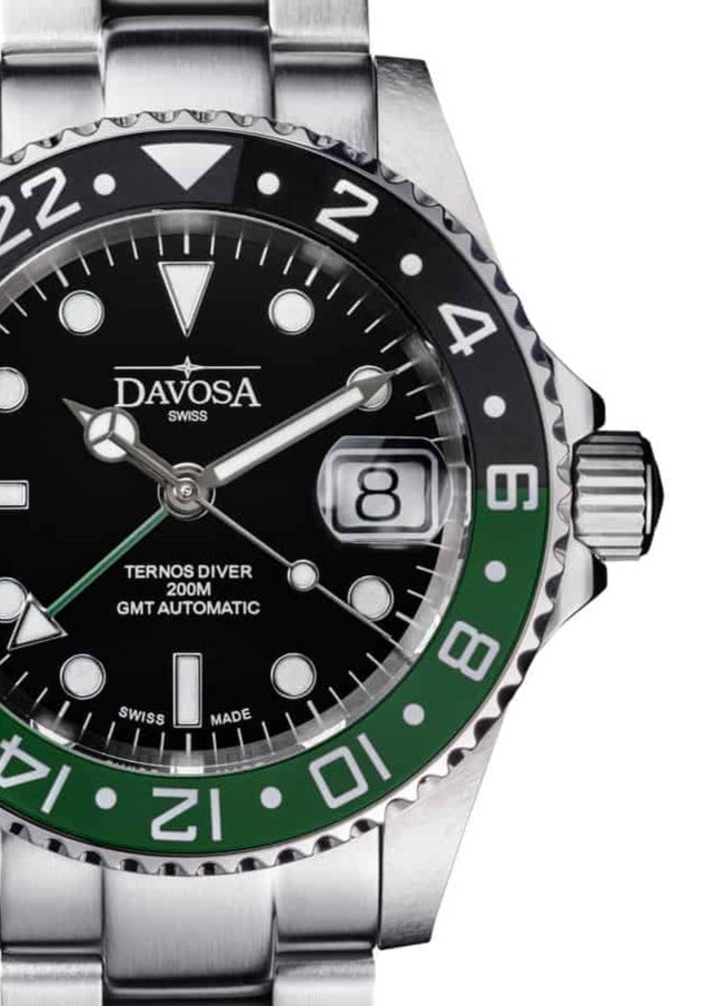Ternos Ceramic Automatic GMT Swiss-Made Black Green Diving Watch 16159070 GMT Davosa USA Official Distributor. Prices are Final. Tax & duties included.