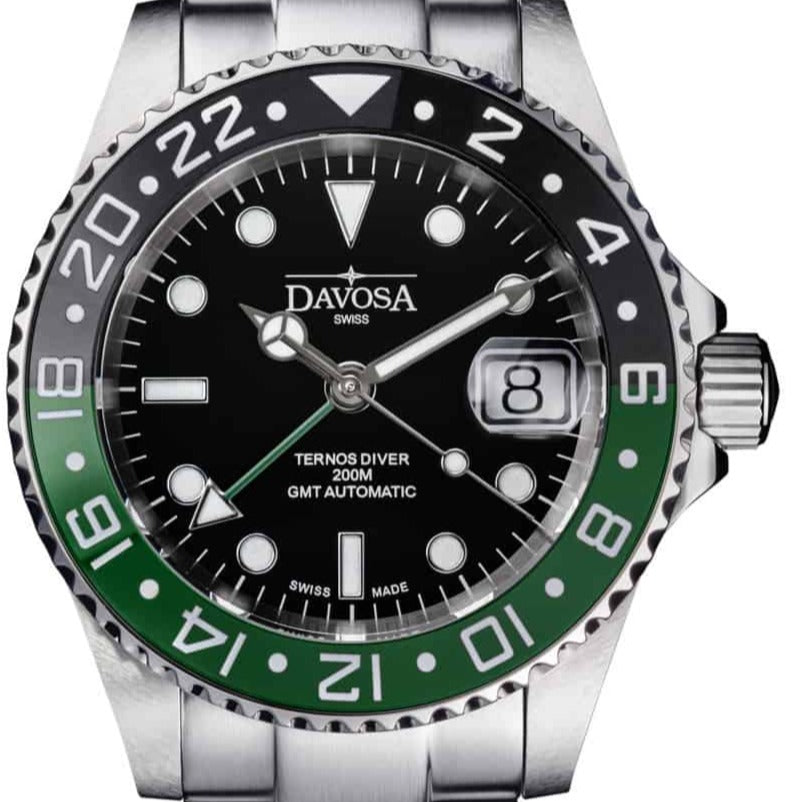 Ternos Ceramic Automatic GMT Swiss-Made Black Green Diving Watch 16159070 GMT Davosa USA Official Distributor. Prices are Final. Tax & duties included. 40mm Green TriaLink