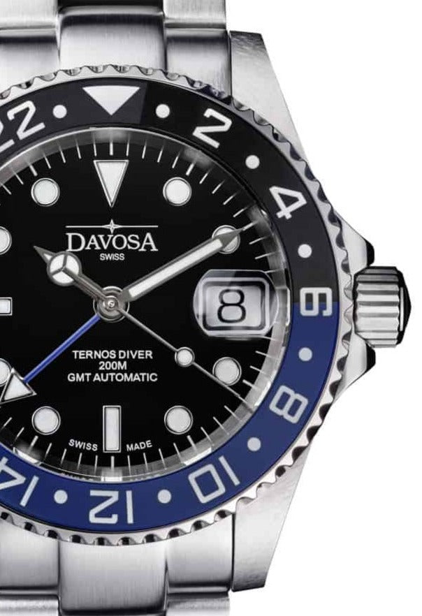 Ternos Ceramic Automatic GMT Swiss-Made Black Blue Diving Watch 16159040 GMT Davosa USA Official Distributor. Prices are Final. Tax & duties included.