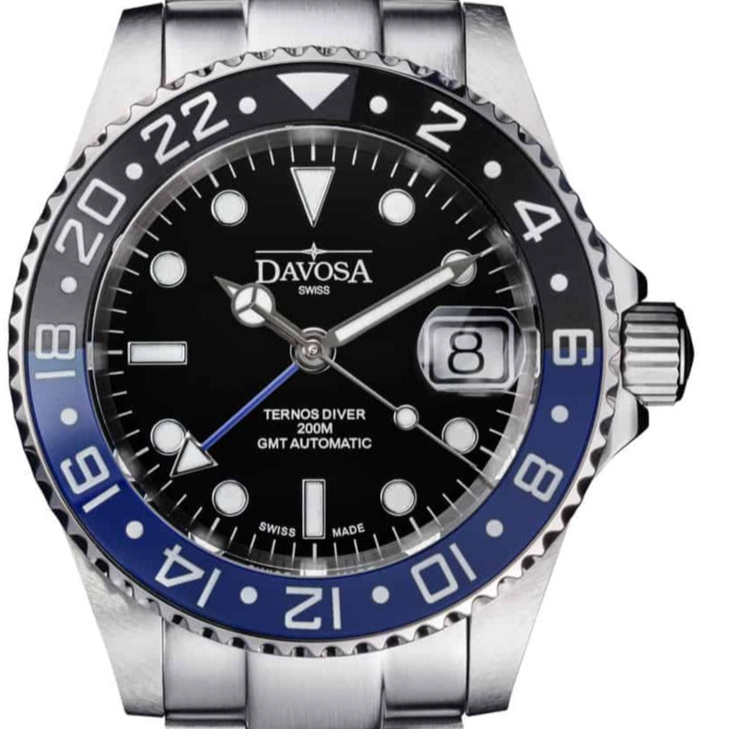 Ternos Ceramic Automatic GMT Swiss-Made Black Blue Diving Watch 16159040 GMT Davosa USA Official Distributor. Prices are Final. Tax & duties included. 40mm Black-Blue TriaLink