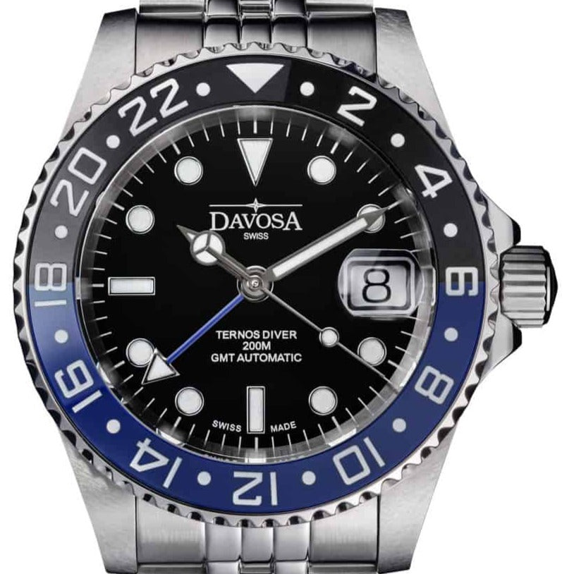Ternos Ceramic Automatic GMT Swiss-Made Black Blue Diving Watch 16159004 GMT Davosa USA Official Distributor. Prices are Final. Tax & duties included. 40mm Black-Blue PentaLink