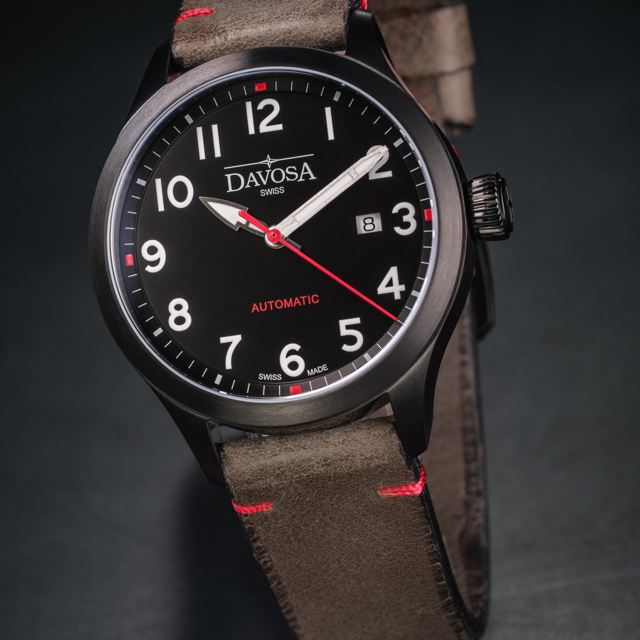 Axis Automatic Men’s Watch - Vintage Italian Leather Strap, Sporty Dial with PVD Black & Red Accents - Ref: 161.574.51 Military Davosa USA