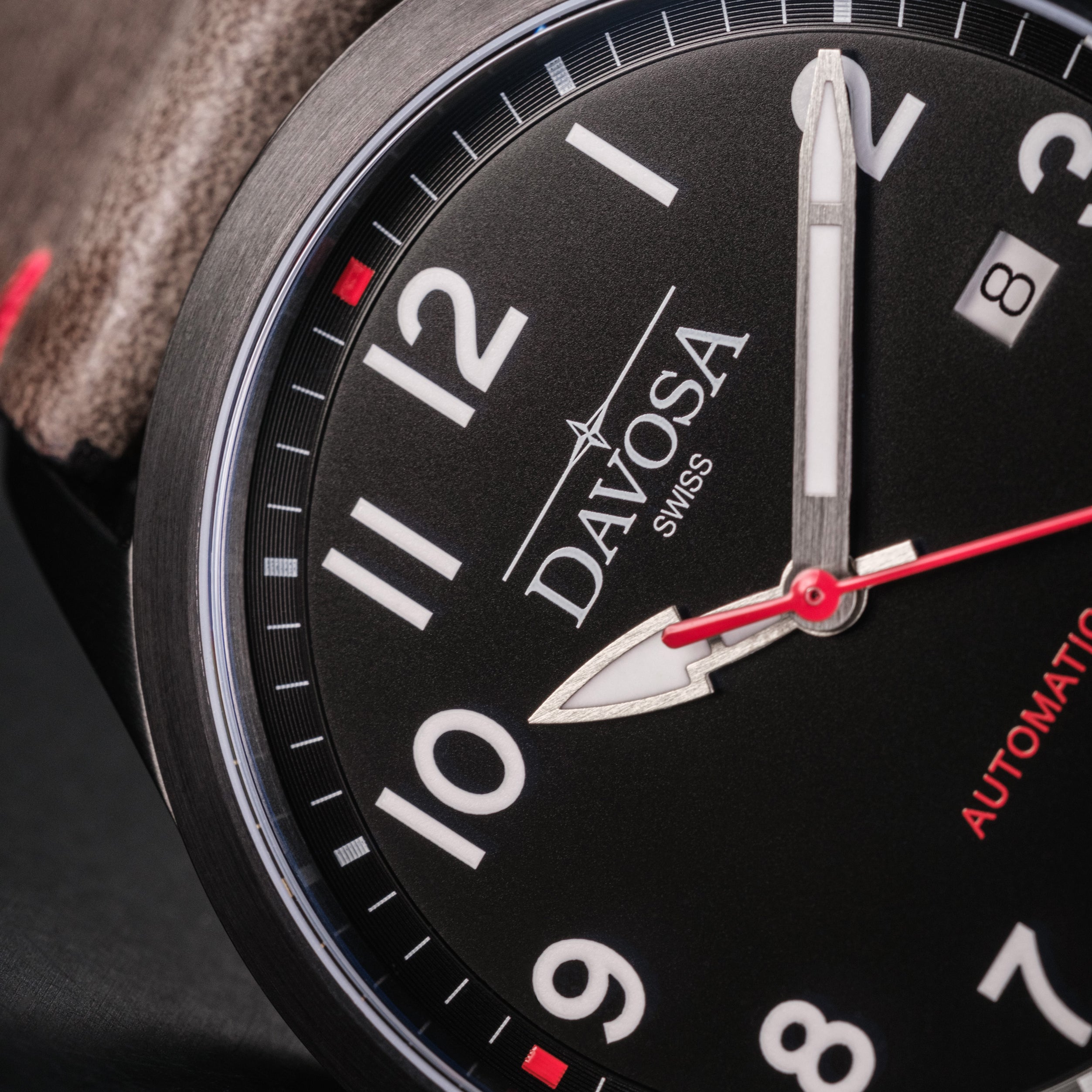 Axis Automatic Men’s Watch - Vintage Italian Leather Strap, Sporty Dial with PVD Black & Red Accents - Ref: 161.574.51 Military Davosa USA