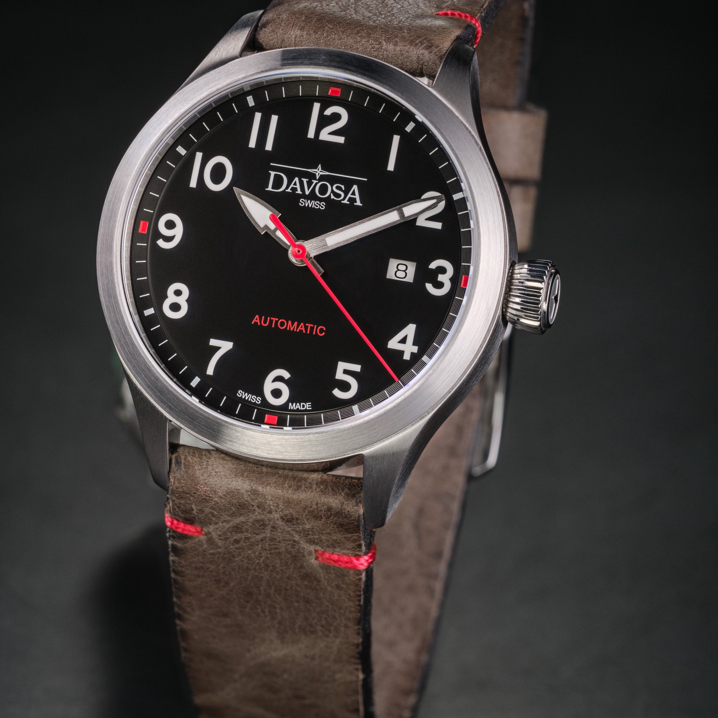 Axis Ref. 161.574.56 - Automatic Men’s Watch with Vintage Italian Leather Strap and Sporty Silver, Black and Red Dial Accents Military Davosa USA