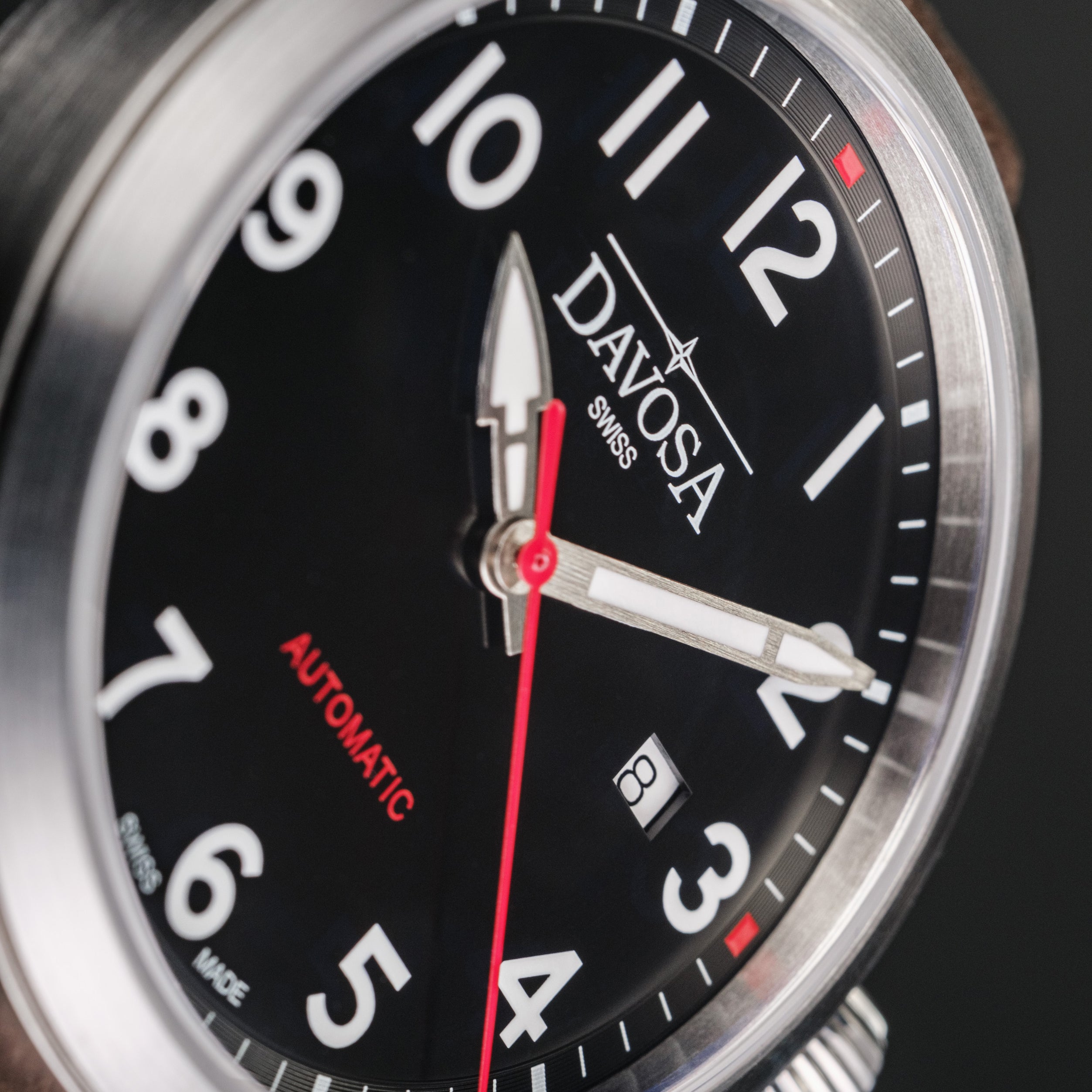 Axis Ref. 161.574.56 - Automatic Men’s Watch with Vintage Italian Leather Strap and Sporty Silver, Black and Red Dial Accents Military Davosa USA