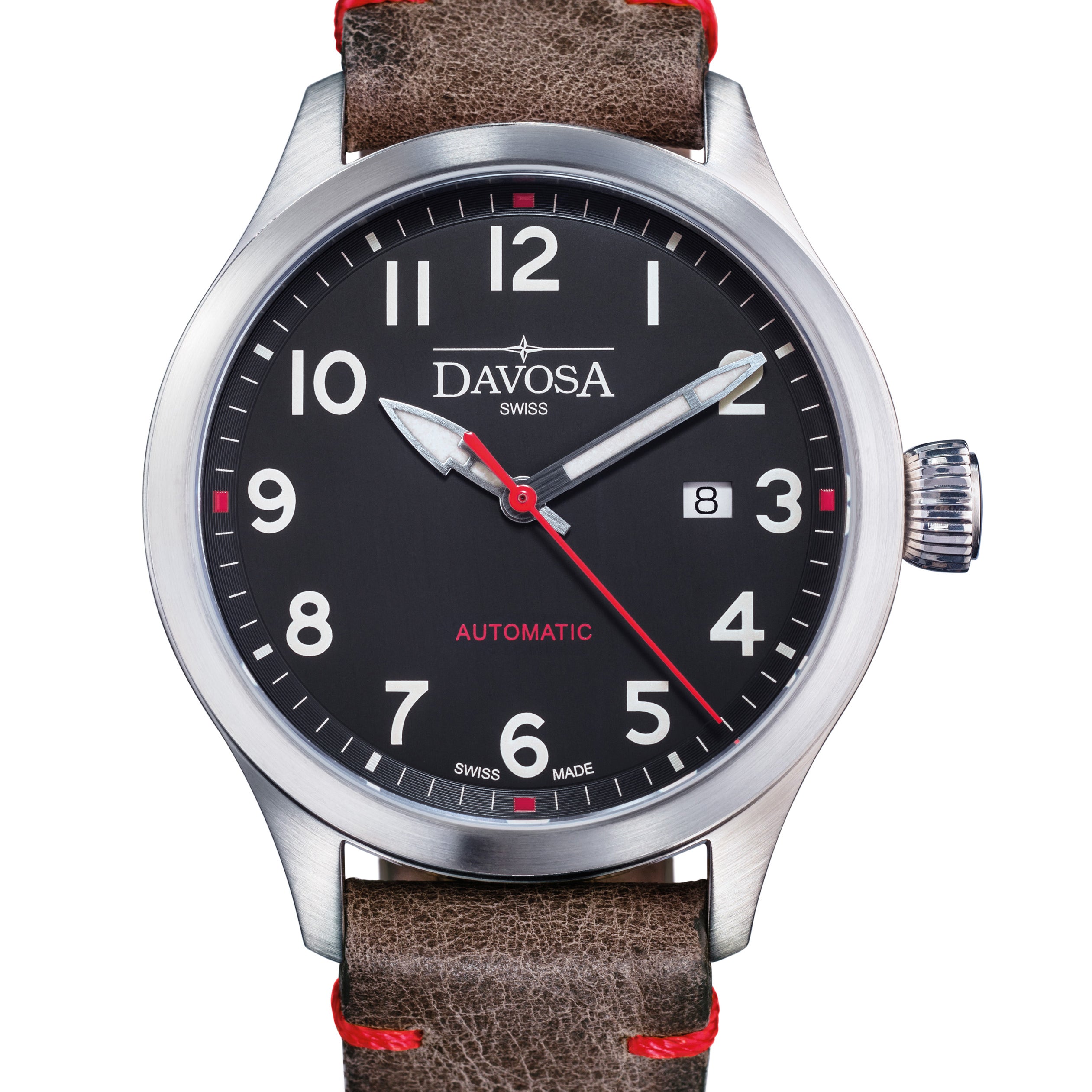 Axis Ref. 161.574.56 - Automatic Men’s Watch with Vintage Italian Leather Strap and Sporty Silver, Black and Red Dial Accents Military Davosa USA