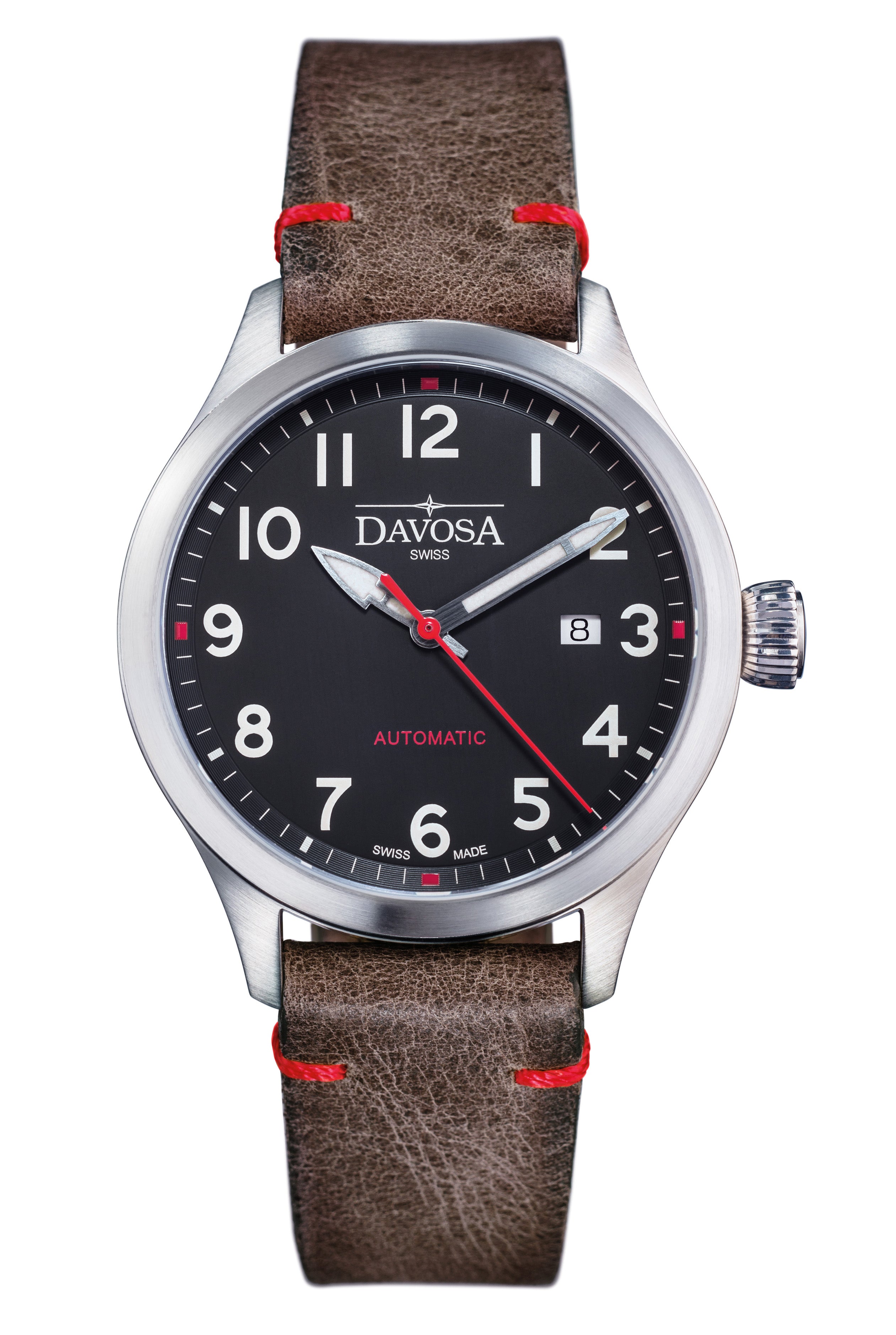 Axis Ref. 161.574.56 - Automatic Men’s Watch with Vintage Italian Leather Strap and Sporty Silver, Black and Red Dial Accents Military Davosa USA