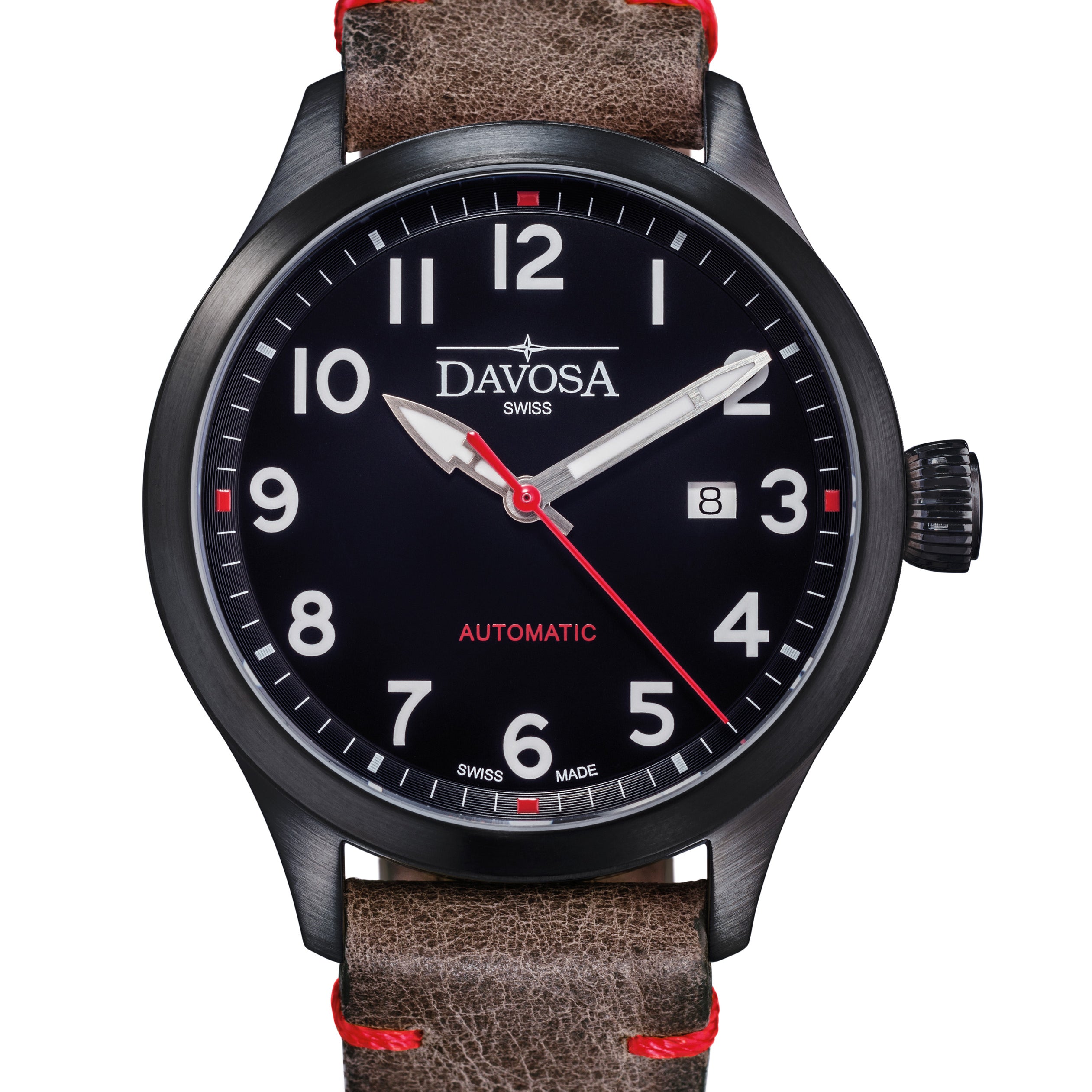 Axis Automatic Men’s Watch - Vintage Italian Leather Strap, Sporty Dial with PVD Black & Red Accents - Ref: 161.574.51 Military Davosa USA