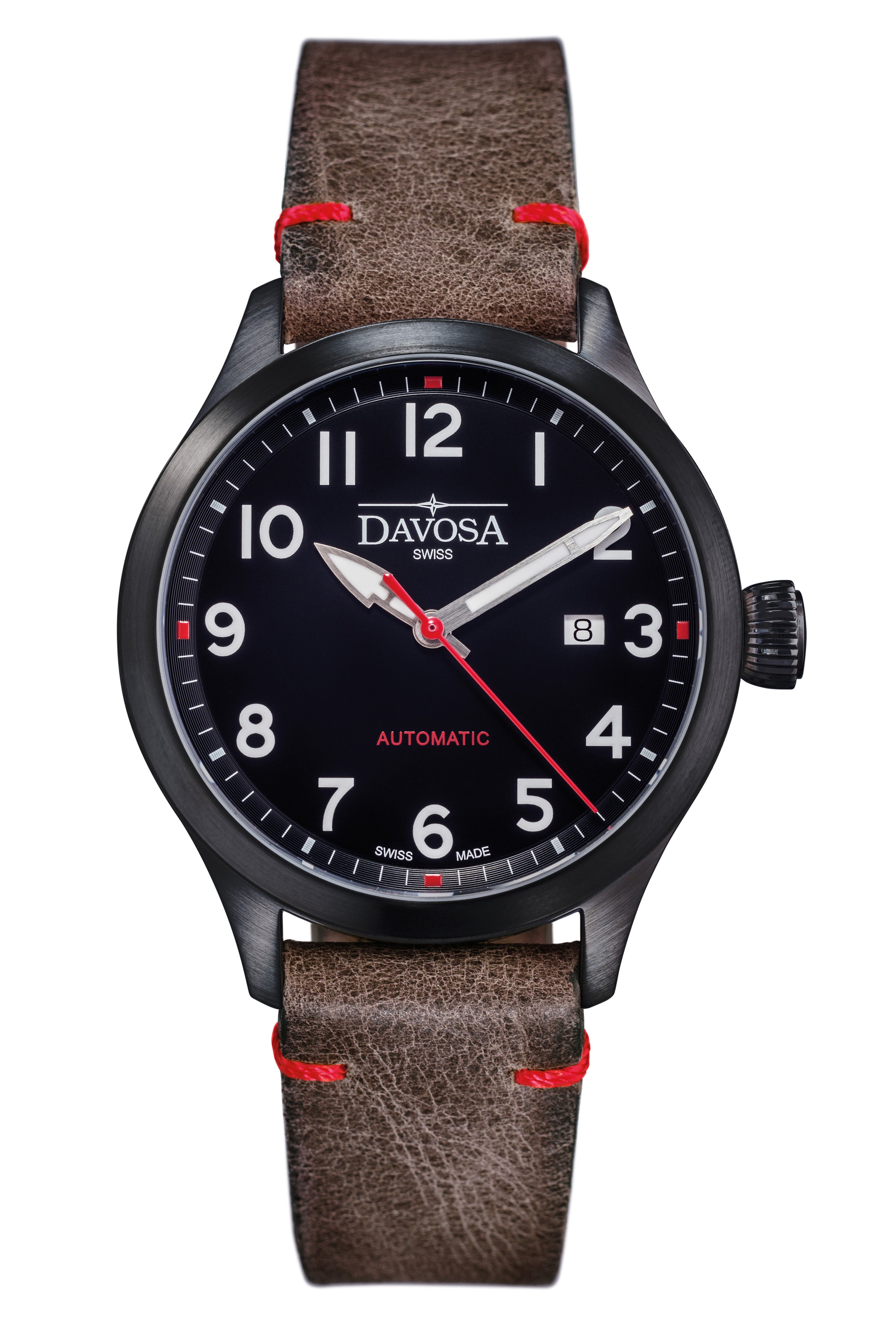 Axis Automatic Men’s Watch - Vintage Italian Leather Strap, Sporty Dial with PVD Black & Red Accents - Ref: 161.574.51 Military Davosa USA