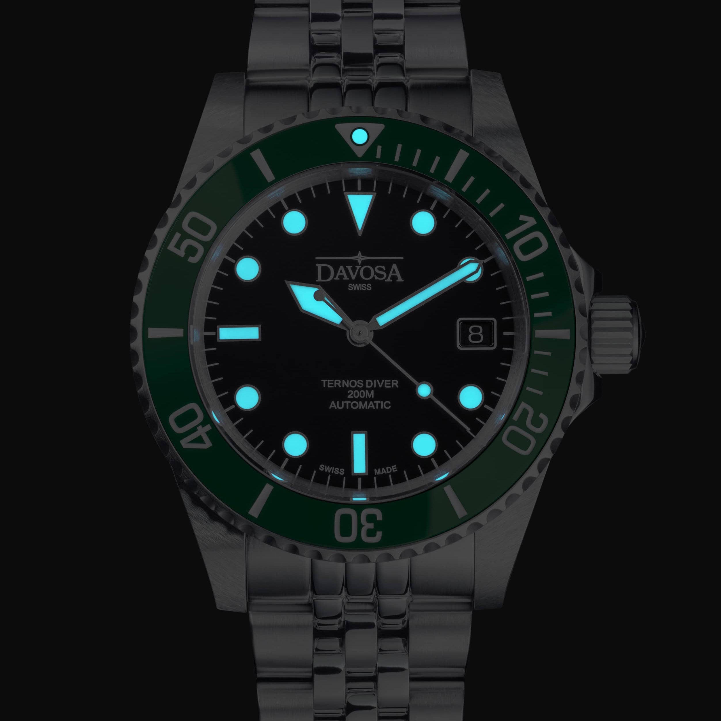 Ternos Diver Automatic 200m Swiss-Made Green and Black Unisex Diver Watch 161.552.07 With Loupe and Pentalink bracelet Diver Davosa USA Official Distributor. Prices are Final. Tax & duties included.