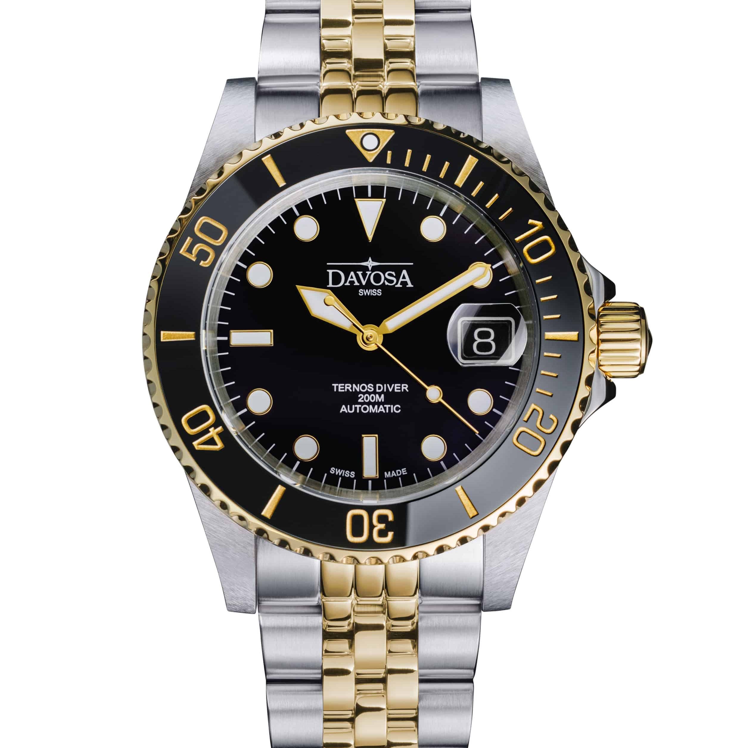 Ternos Diver Automatic Two-Tone 200m Swiss-Made Gold and Black Unisex Diver Watch 161.553.05 With Loupe and Pentalink Bracelet Diver Davosa USA Official Distributor. Prices are Final. Tax & duties included.