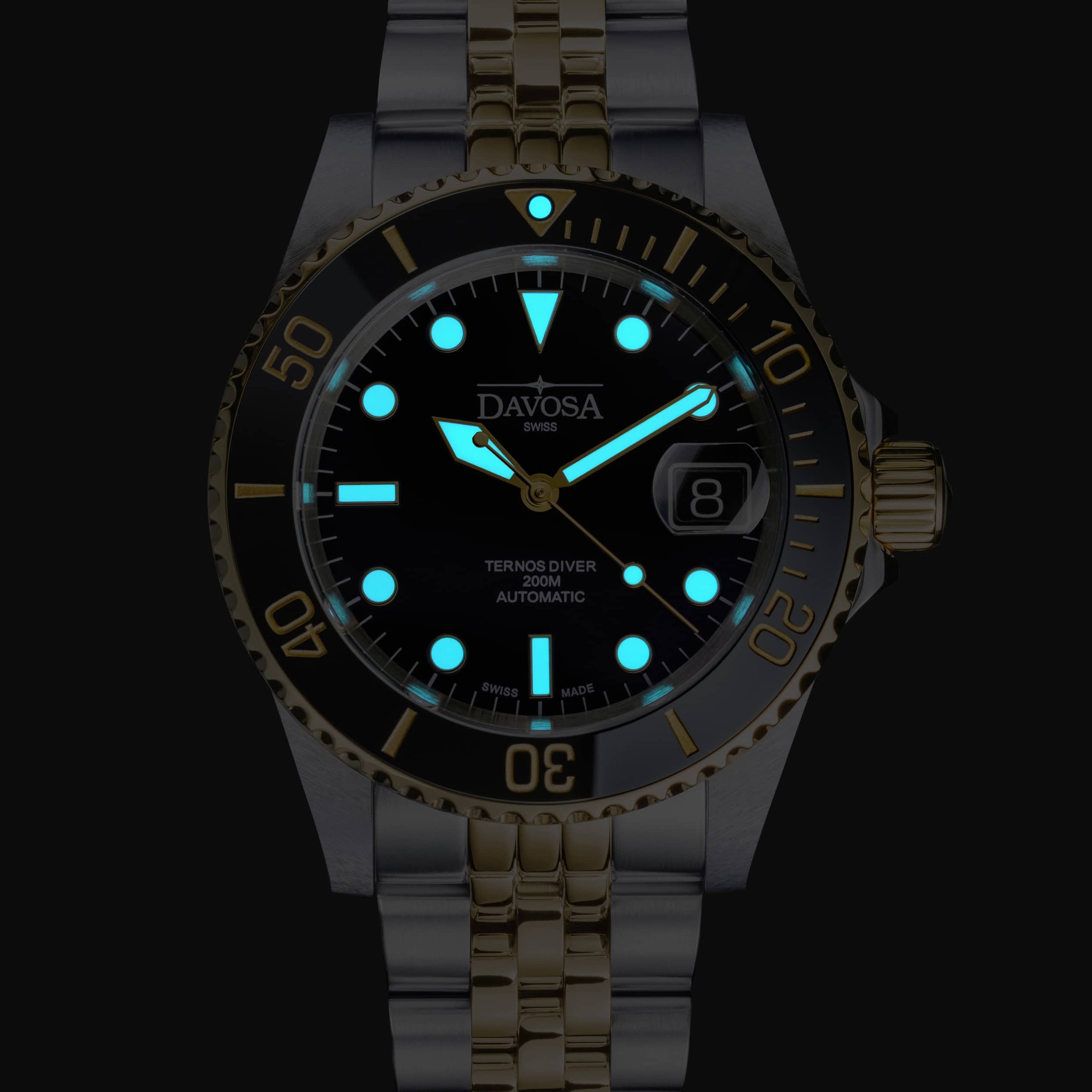 Ternos Diver Automatic Two-Tone 200m Swiss-Made Gold and Black Unisex Diver Watch 161.553.05 With Loupe and Pentalink Bracelet Diver Davosa USA Official Distributor. Prices are Final. Tax & duties included.