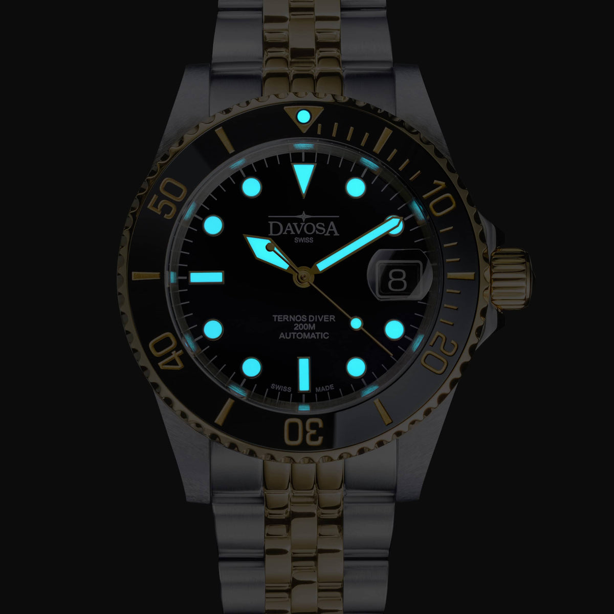 Ternos Diver Automatic Two-Tone 200m Swiss-Made Gold and Black Unisex Diver Watch Diver DAVOSA Swiss