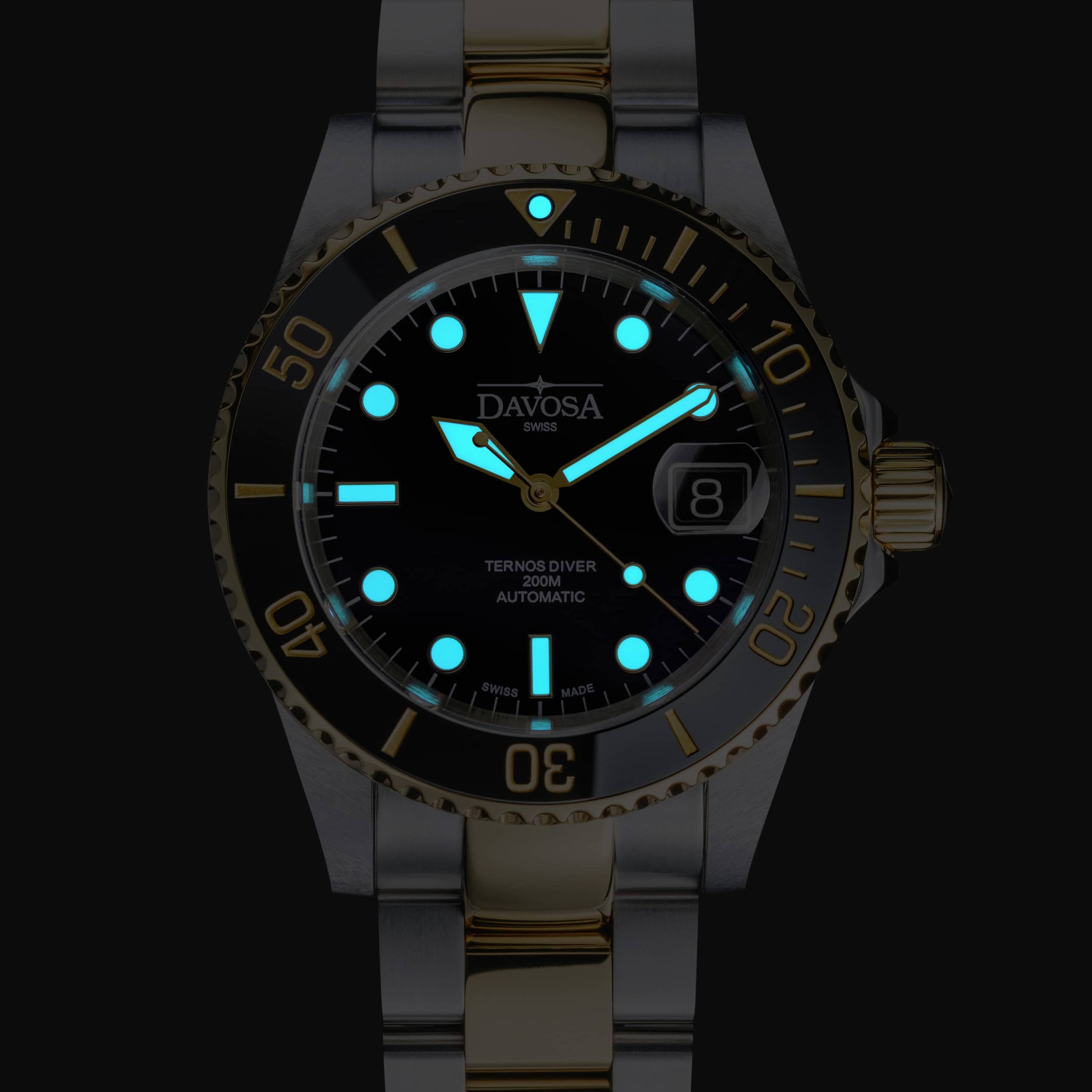 Ternos Diver Automatic Two-Tone 200m Swiss-Made Gold and Black Unisex Diver Watch 161.553.50 With Loupe Diver Davosa USA Official Distributor. Prices are Final. Tax & duties included.
