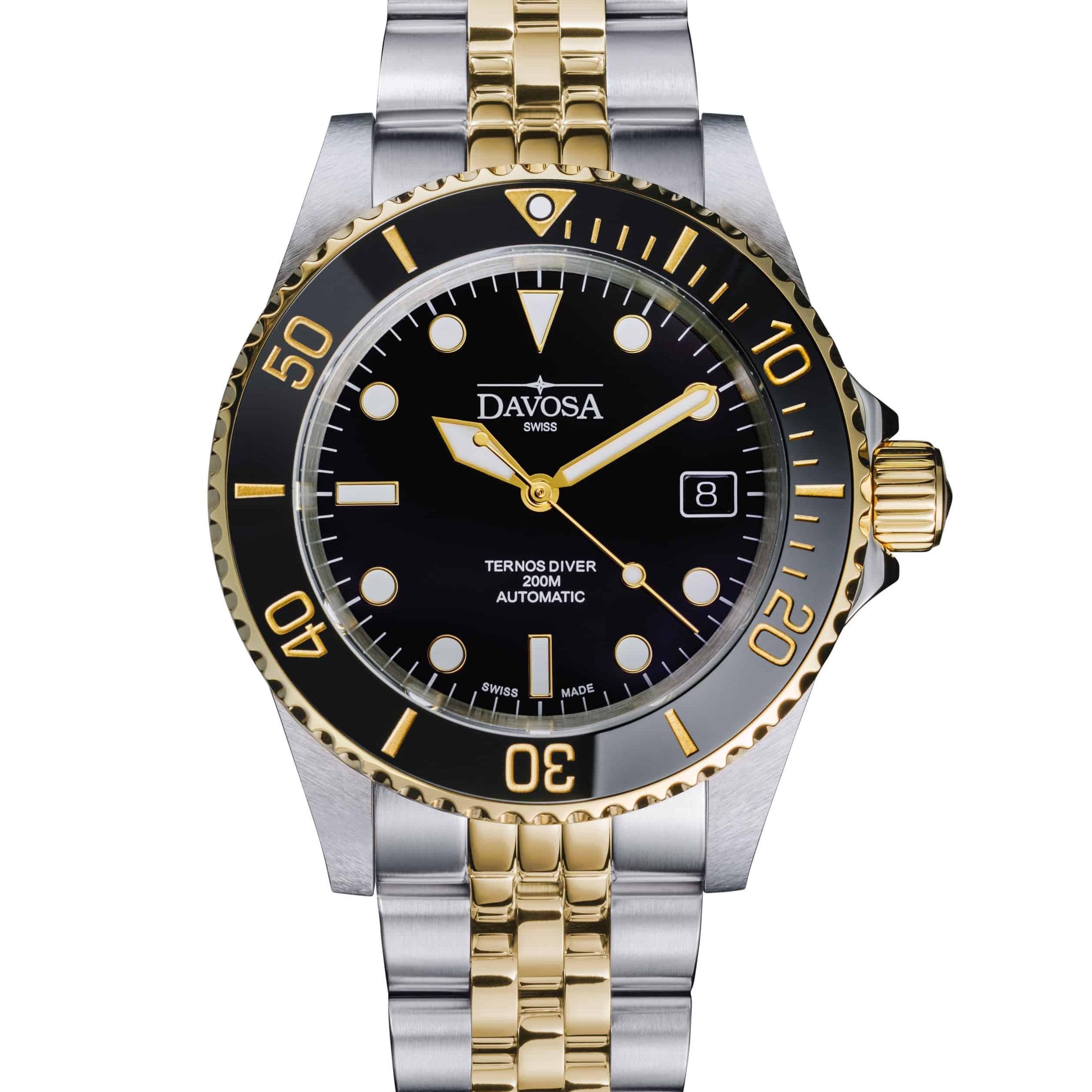 Ternos Diver Automatic Two-Tone 200m Swiss-Made Gold and Black Unisex Diver Watch 161.551.05 Without Loupe and Pentalink Bracelet Diver Davosa USA Official Distributor. Prices are Final. Tax & duties included.