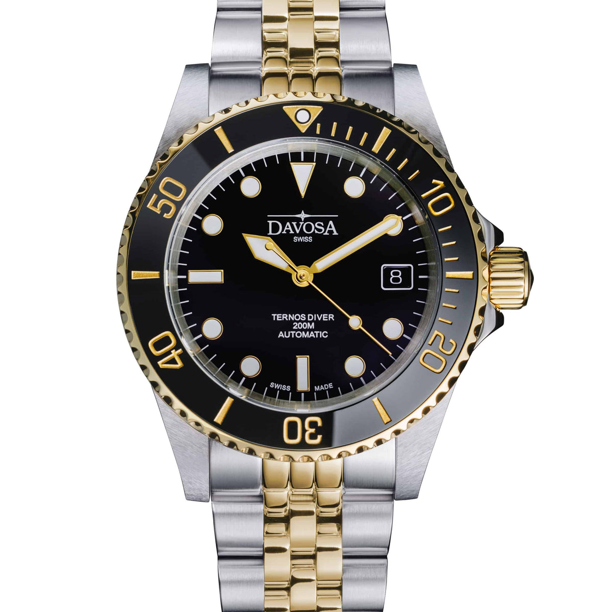 Ternos Diver Automatic Two-Tone 200m Swiss-Made Gold and Black Unisex Diver Watch Diver DAVOSA Swiss PentaLink Without loupe