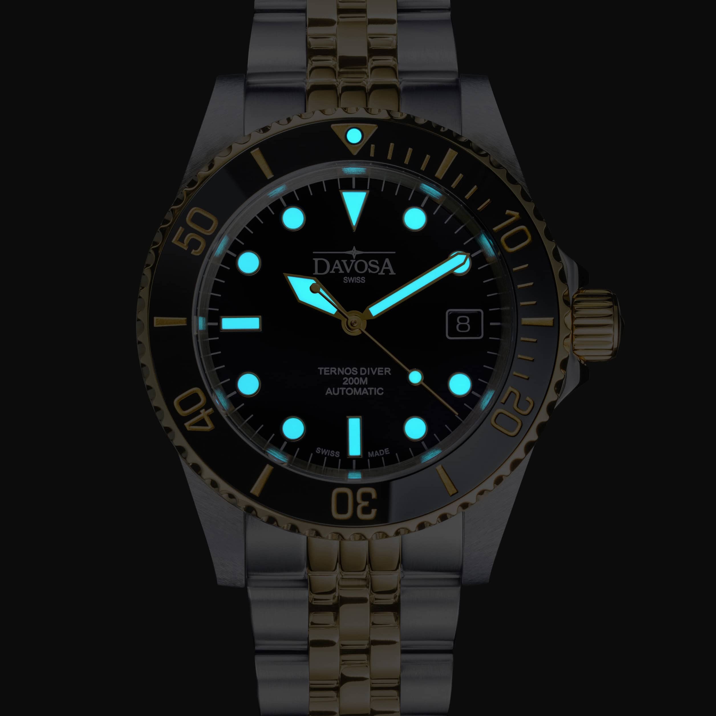 Ternos Diver Automatic Two-Tone 200m Swiss-Made Gold and Black Unisex Diver Watch 161.551.05 Without Loupe and Pentalink Bracelet Diver Davosa USA Official Distributor. Prices are Final. Tax & duties included.
