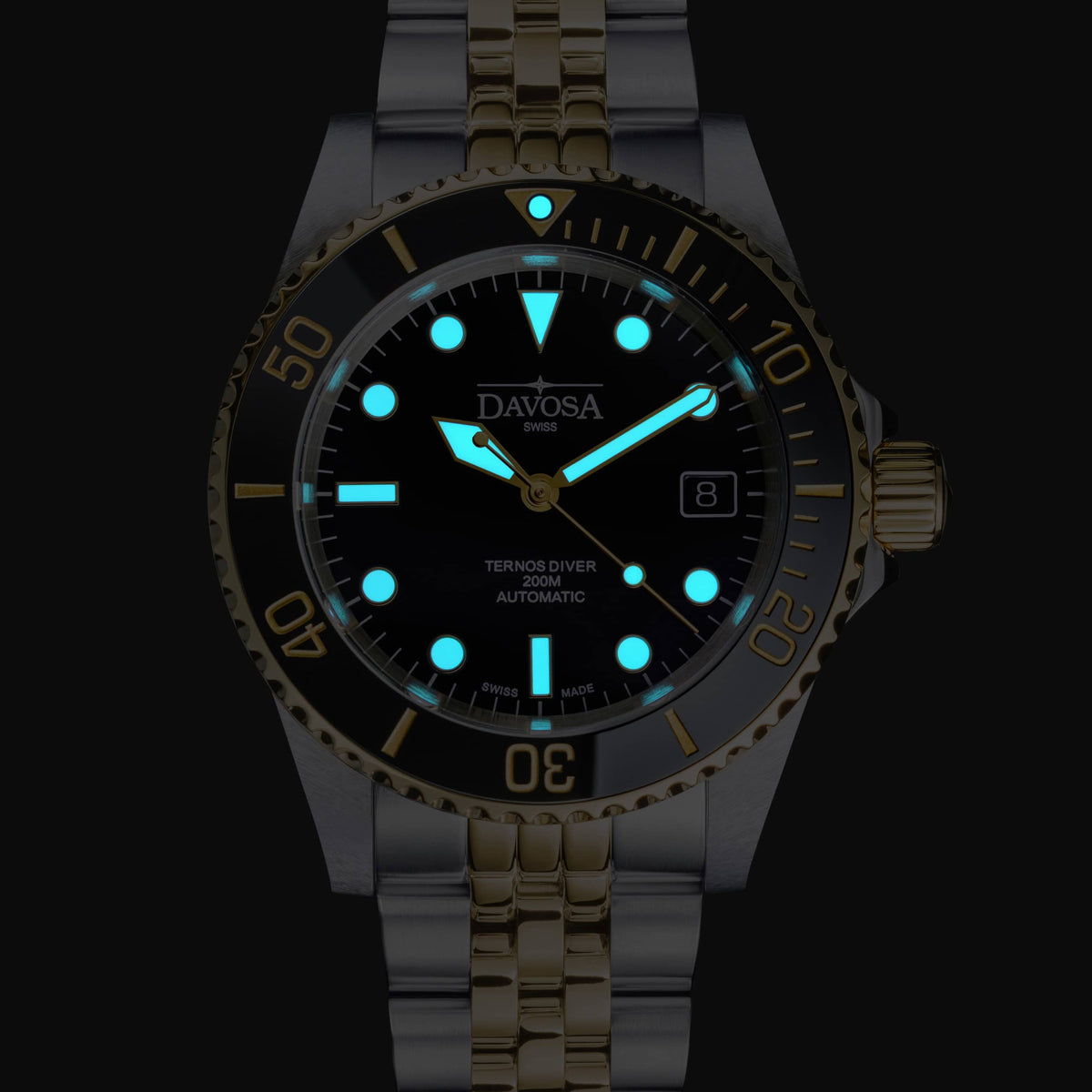 Ternos Diver Automatic Two-Tone 200m Swiss-Made Gold and Black Unisex Diver Watch Diver DAVOSA Swiss