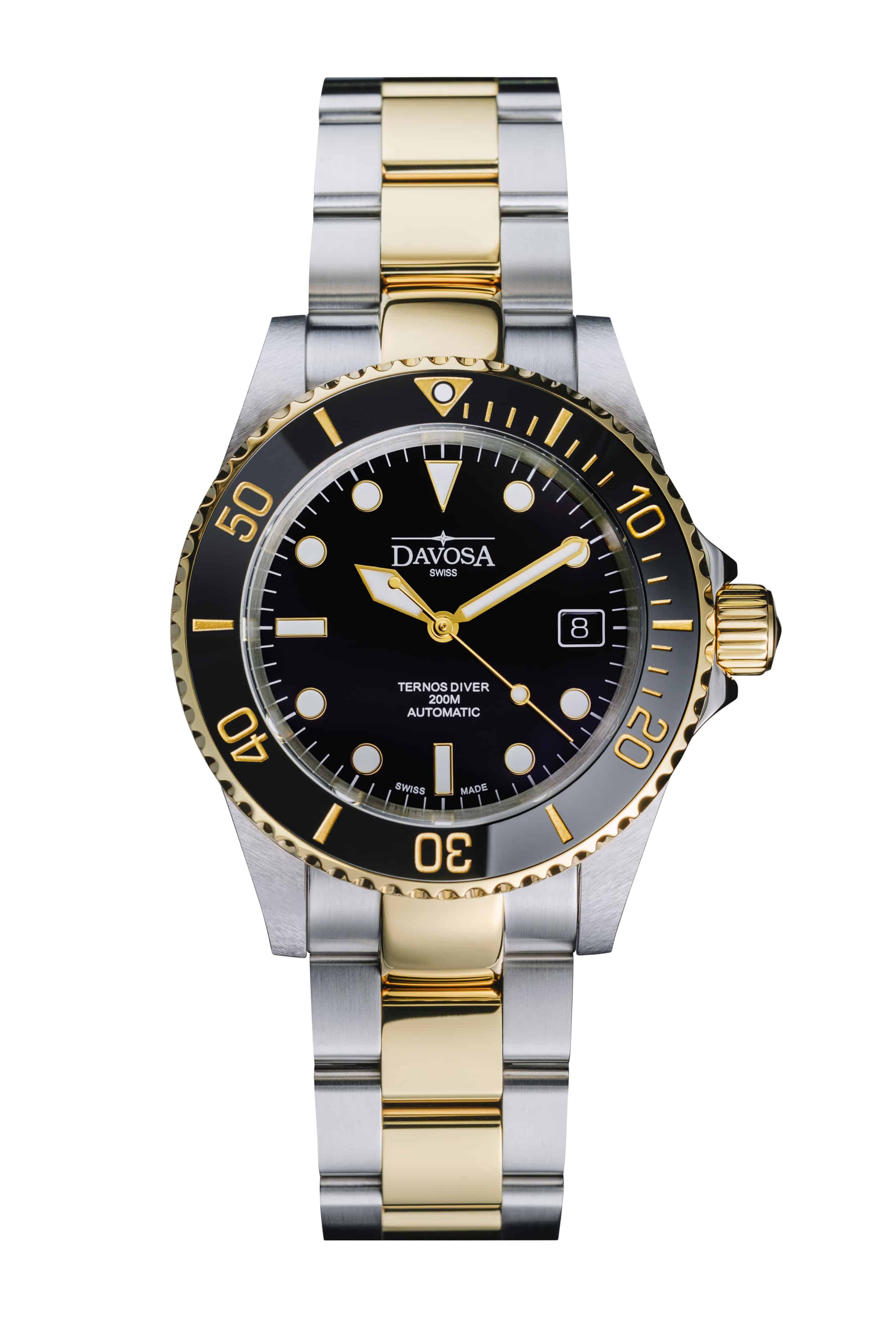 Ternos Diver Automatic Two-Tone 200m Swiss-Made Gold and Black Unisex Diver Watch 161.551.50 Without Loupe Diver Davosa USA Official Distributor. Prices are Final. Tax & duties included.