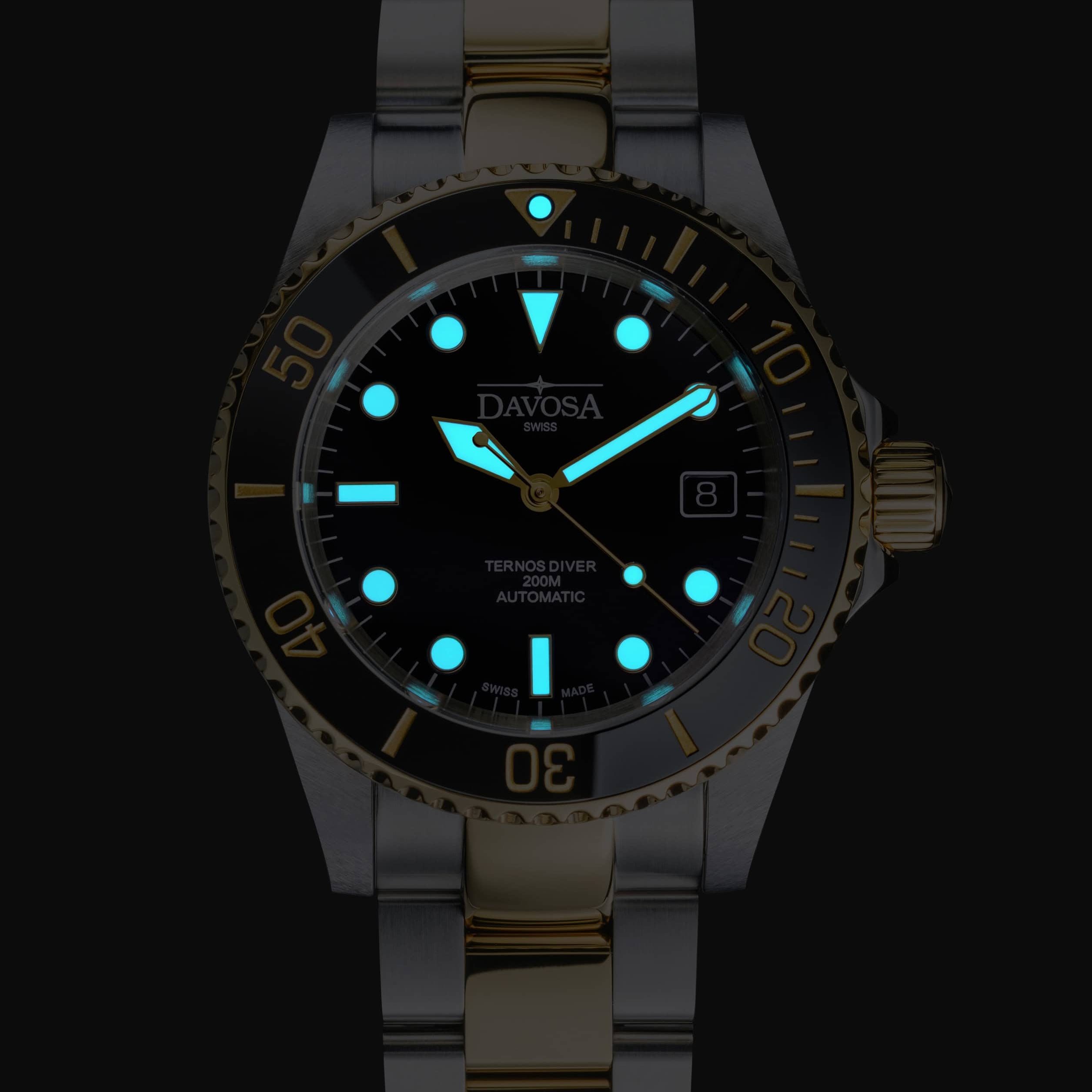 Ternos Diver Automatic Two-Tone 200m Swiss-Made Gold and Black Unisex Diver Watch 161.551.50 Without Loupe Diver Davosa USA Official Distributor. Prices are Final. Tax & duties included.