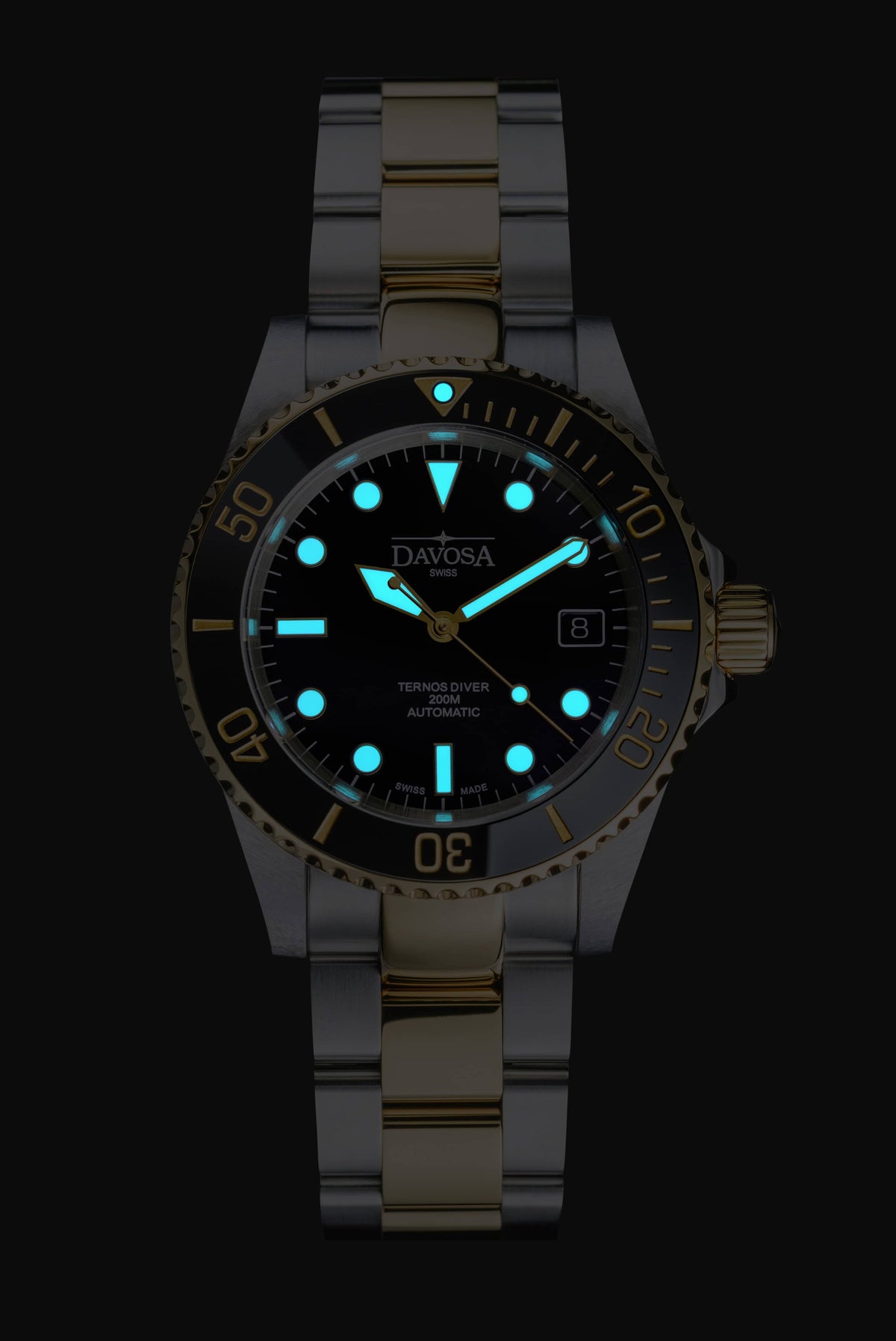 Ternos Diver Automatic Two-Tone 200m Swiss-Made Gold and Black Unisex Diver Watch Diver DAVOSA Swiss