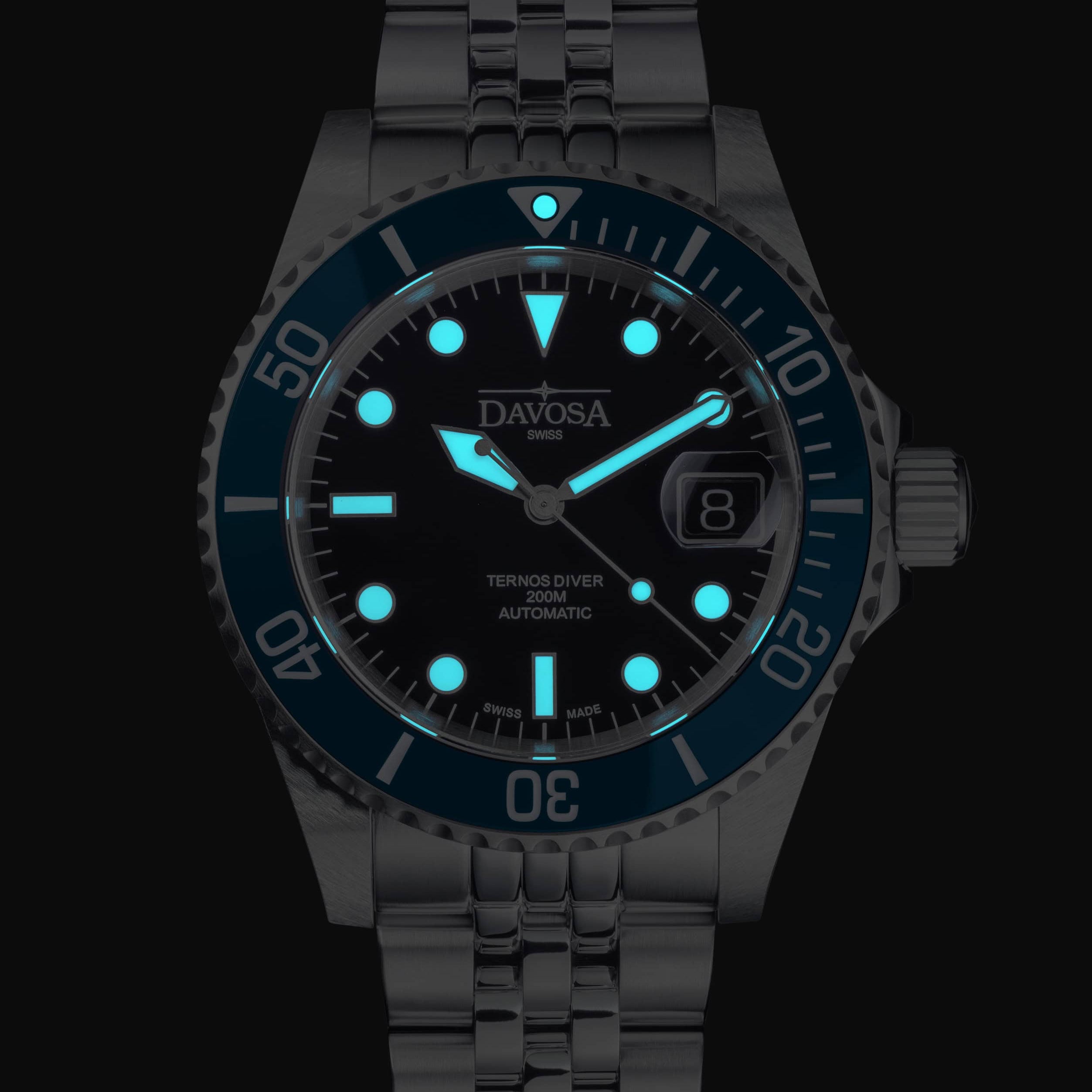 Ternos Diver Automatic 200m Swiss-Made Blue and Black Unisex Diver Watch 161.552.04 With Loupe and Pentalink bracelet Diver Davosa USA Official Distributor. Prices are Final. Tax & duties included.