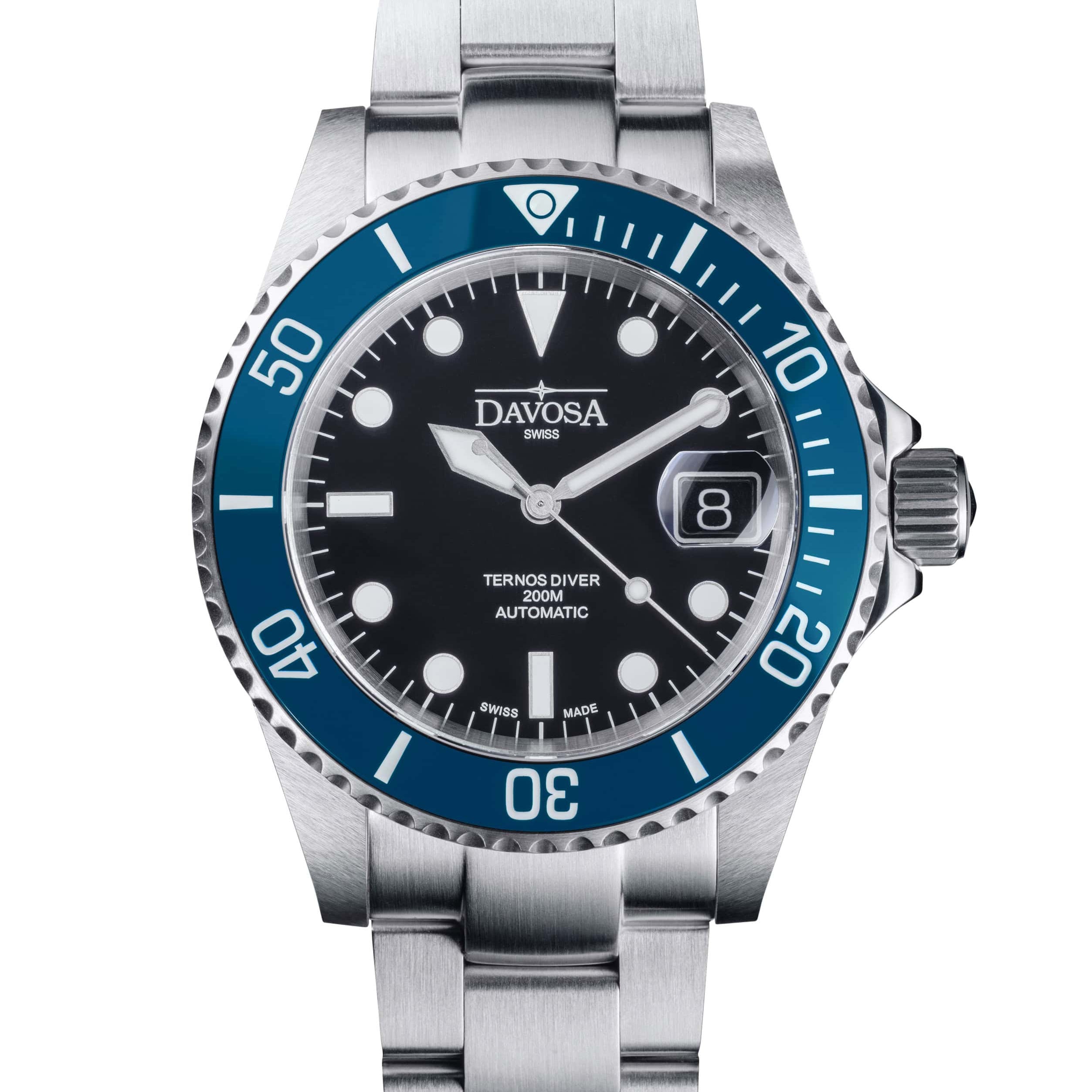 Ternos Diver Automatic 200m Swiss-Made Blue and Black Unisex Diver Watch 161.552.40 With Loupe Diver Davosa USA Official Distributor. Prices are Final. Tax & duties included.
