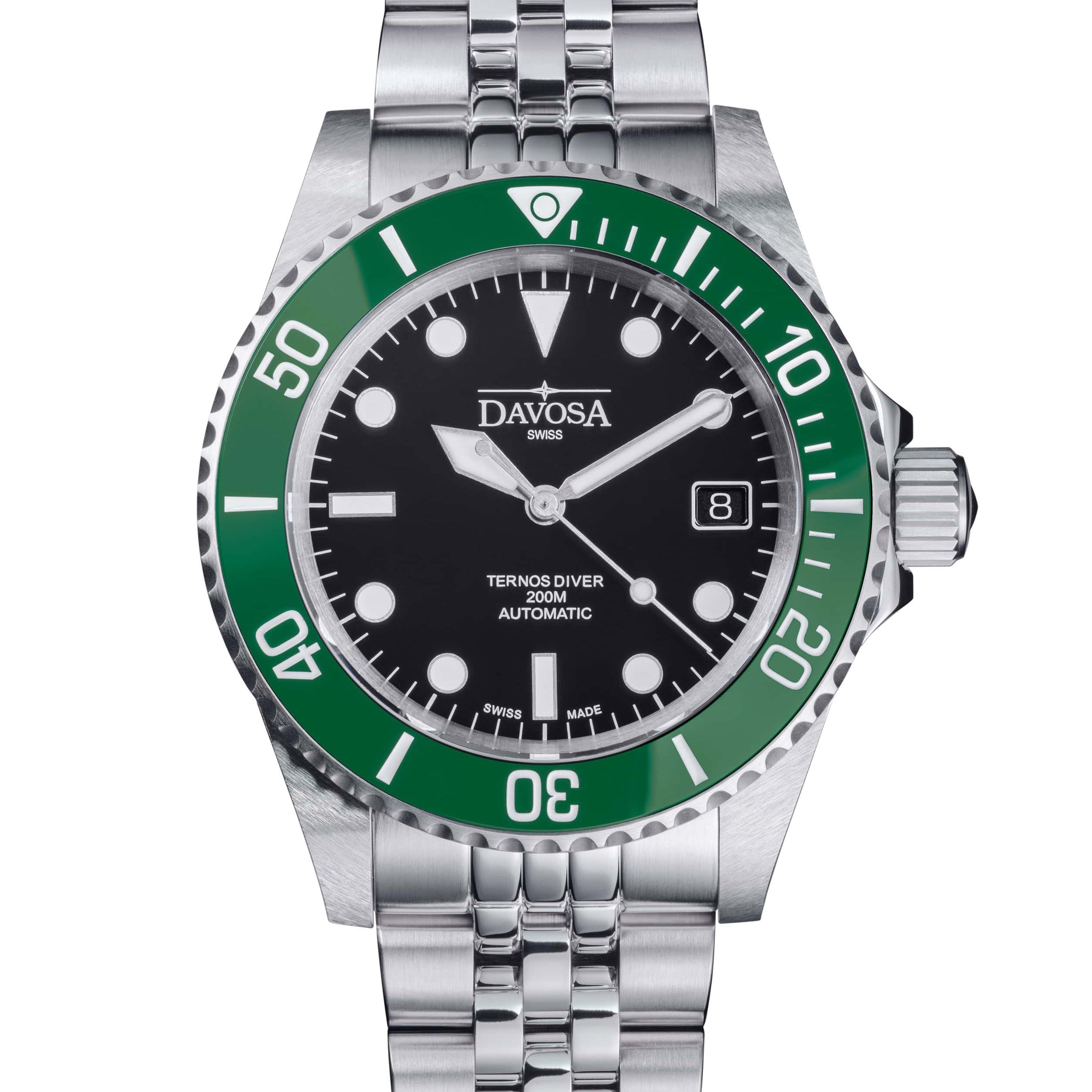 Ternos Diver Automatic 200m Swiss-Made Green and Black Unisex Diver Watch 161.552.07 With Loupe and Pentalink bracelet Diver Davosa USA Official Distributor. Prices are Final. Tax & duties included.
