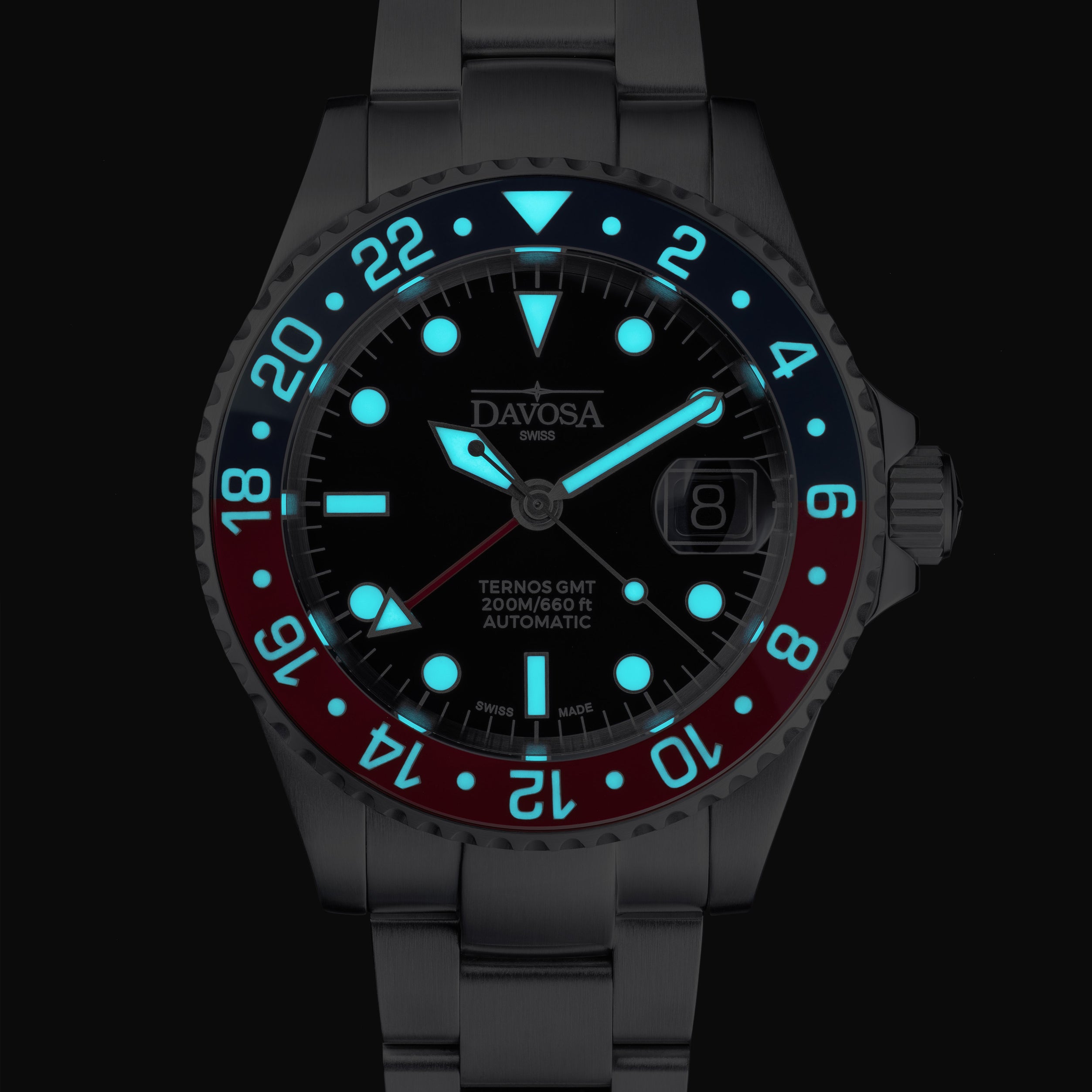 DAVOSA Ternos GMT 40mm Automatic - Swiss Made Dual Time Zone Diver’s Watch - Blue and Red with Loupe Ref. 161.564.60 GMT Davosa USA Official Distributor. Prices are Final. Tax & duties included.