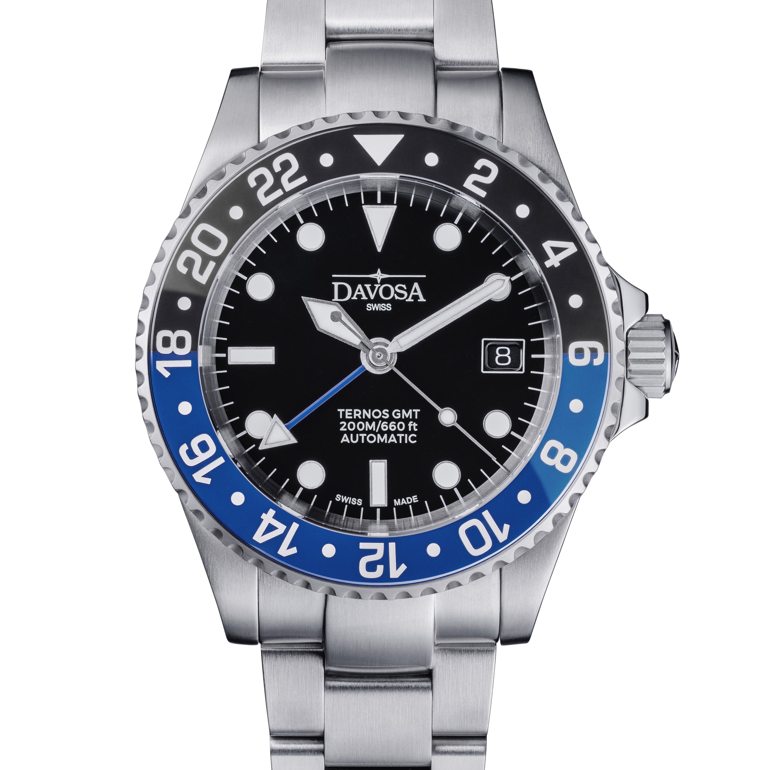 DAVOSA Ternos GMT 40mm Automatic - Swiss Made Dual Time Zone Diver’s Watch - Blue and Black without Loupe Ref. 161.563.40 GMT Davosa USA Official Distributor. Prices are Final. Tax & duties included. Black-Blue Trialink Without Loupe