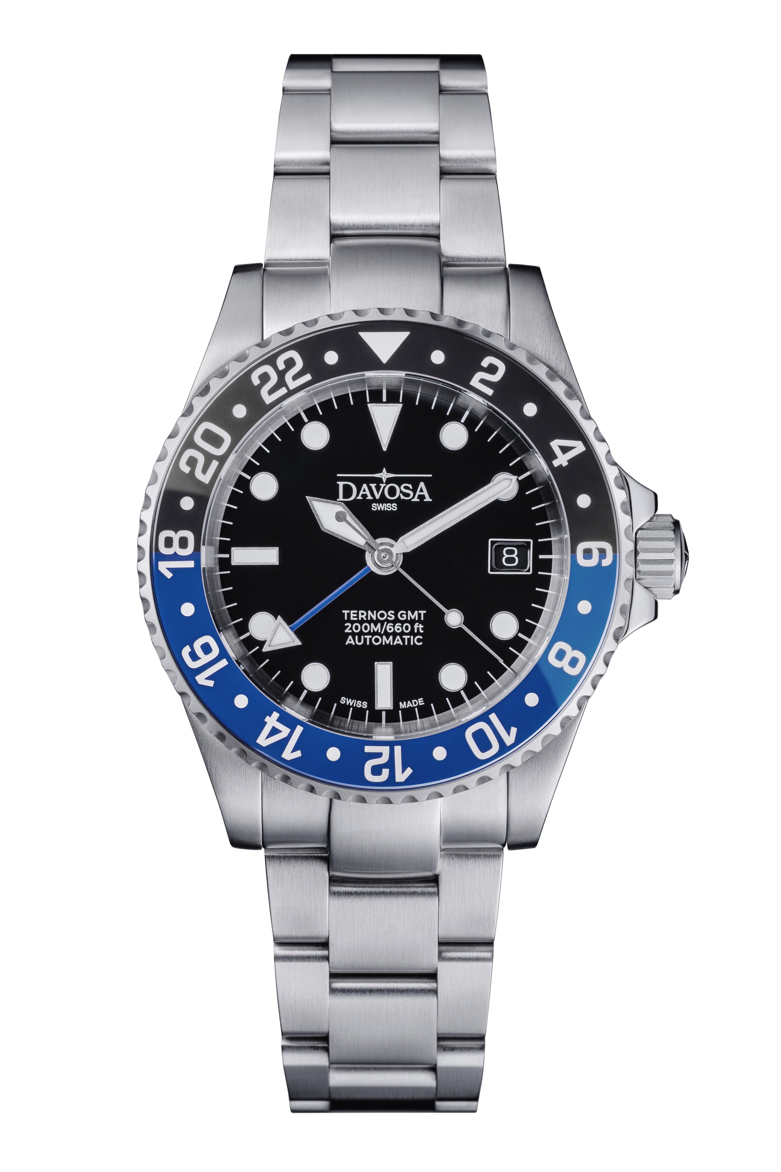 DAVOSA Ternos GMT 40mm Automatic - Swiss Made Dual Time Zone Diver’s Watch GMT Davosa USA Official Distributor. Prices are Final. Tax & duties included. Black-Blue Trialink Without Loupe