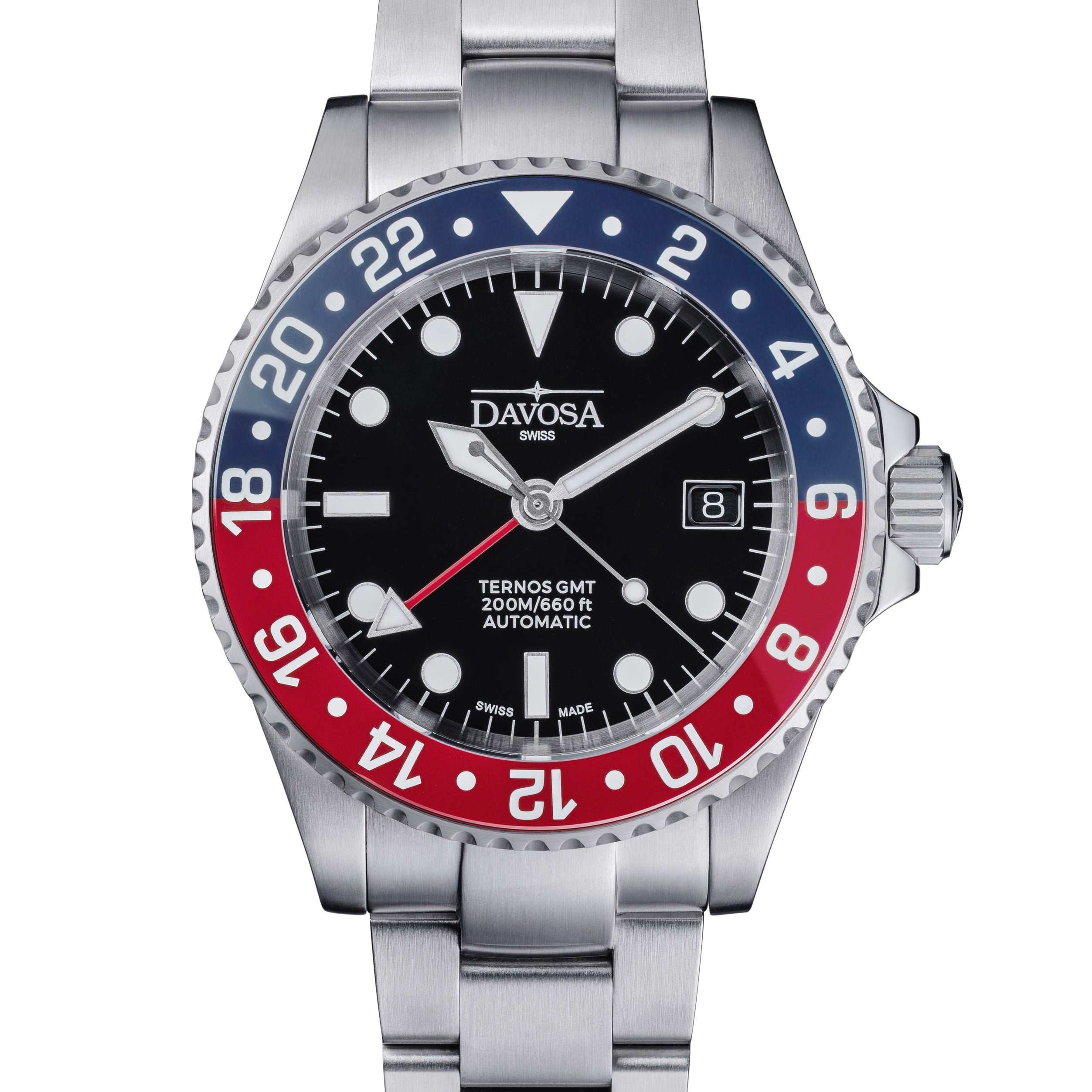 DAVOSA Ternos GMT 40mm Automatic - Swiss Made Dual Time Zone Diver’s Watch - Blue and Red without Loupe Ref. 161.563.60 GMT Davosa USA Official Distributor. Prices are Final. Tax & duties included. Blue-Red Trialink Without Loupe