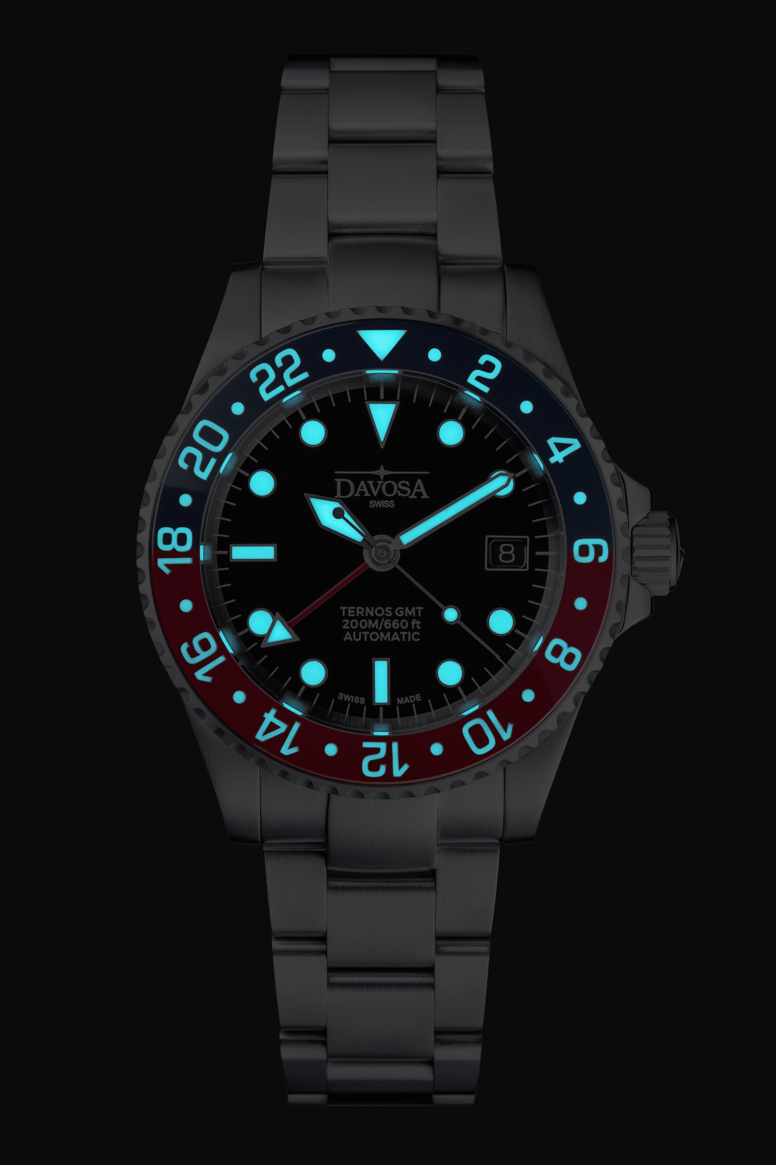DAVOSA Ternos GMT 40mm Automatic - Swiss Made Dual Time Zone Diver’s Watch - Blue and Red without Loupe Ref. 161.563.06 GMT Davosa USA Official Distributor. Prices are Final. Tax & duties included.