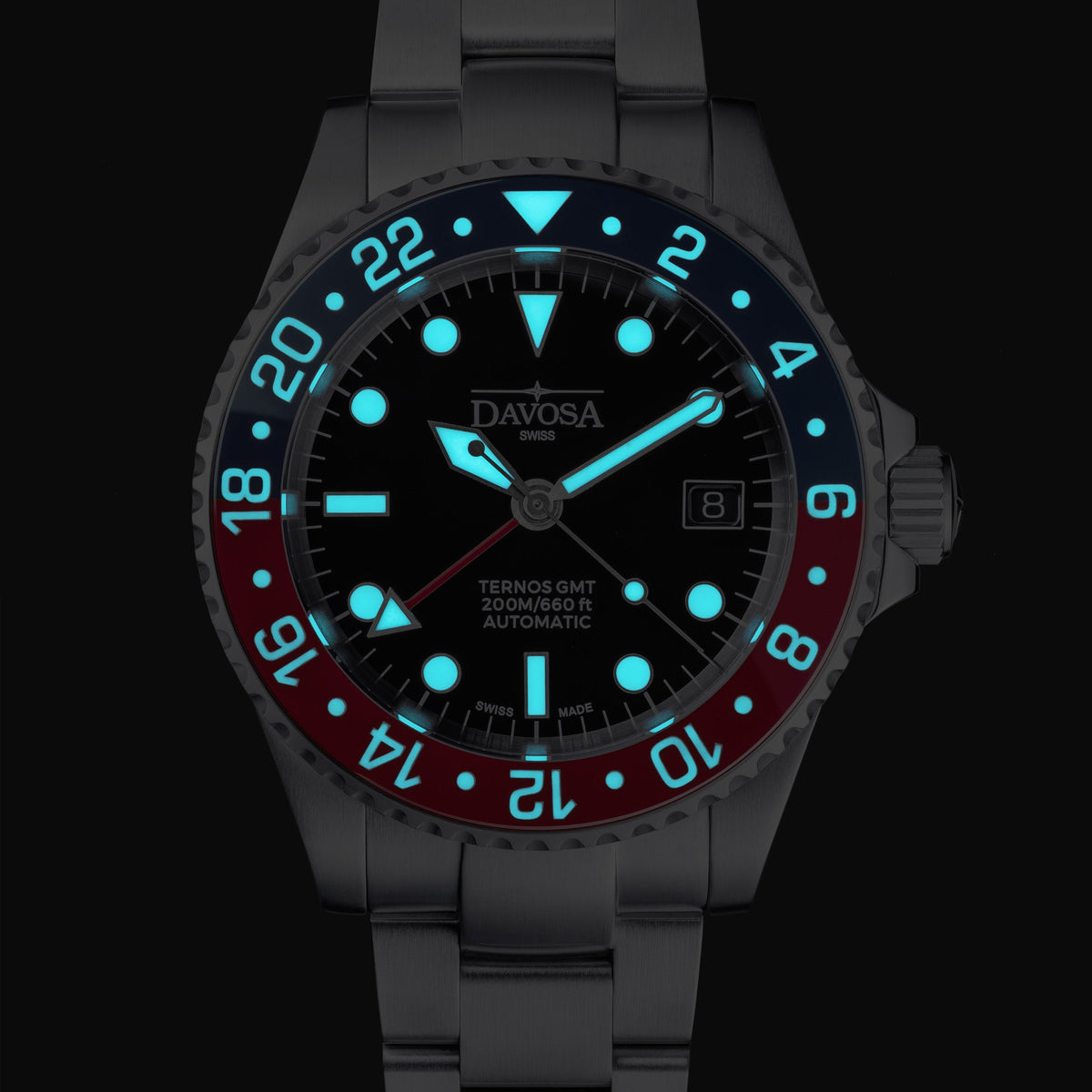 DAVOSA Ternos GMT 40mm Automatic - Swiss Made Dual Time Zone Diver’s Watch - Blue and Red GMT DAVOSA Swiss