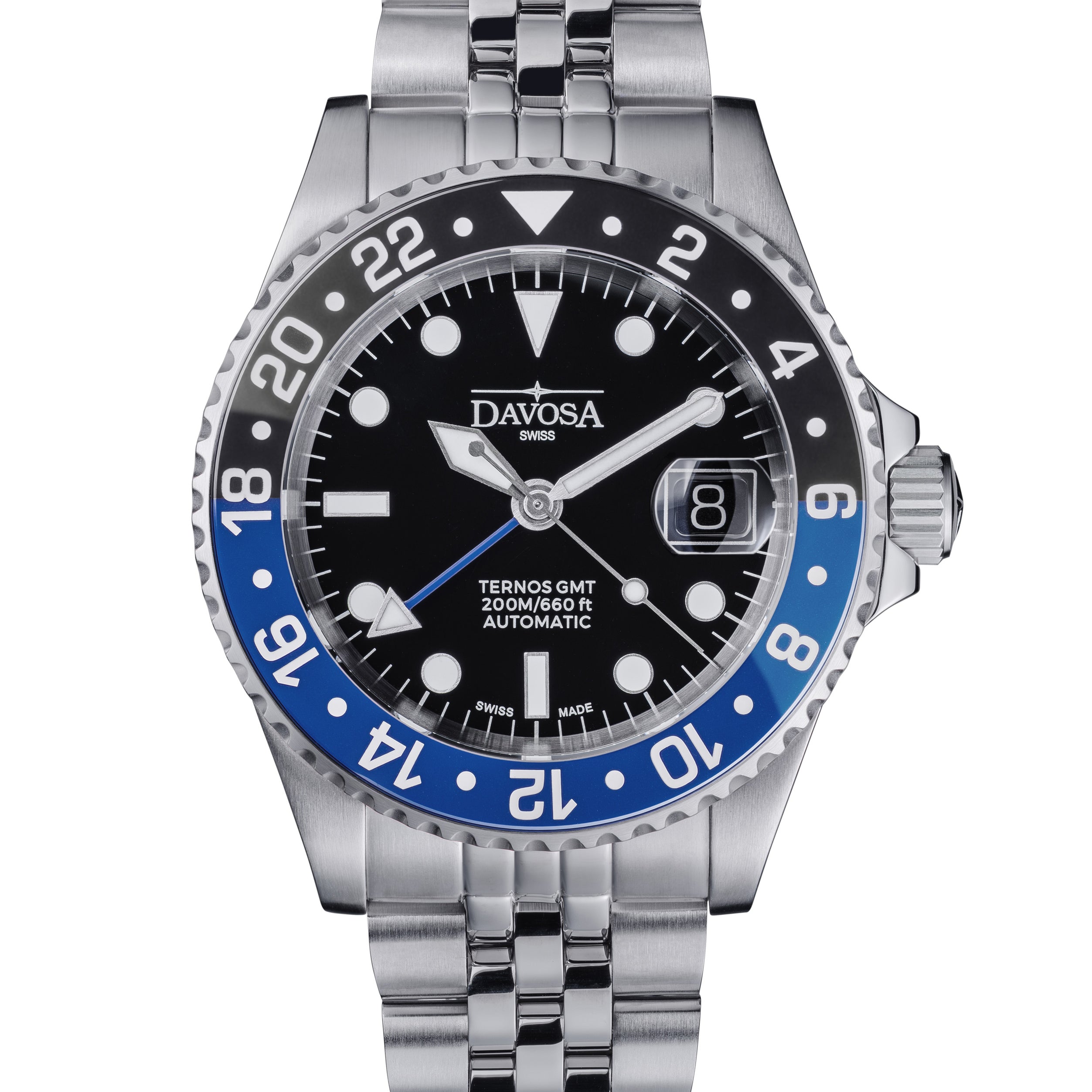 DAVOSA Ternos GMT 40mm Automatic - Swiss Made Dual Time Zone Diver’s Watch - Blue and Black with Loupe Ref. 161.564.04 GMT Davosa USA Official Distributor. Prices are Final. Tax & duties included. Black-Blue Pentalink With Loupe