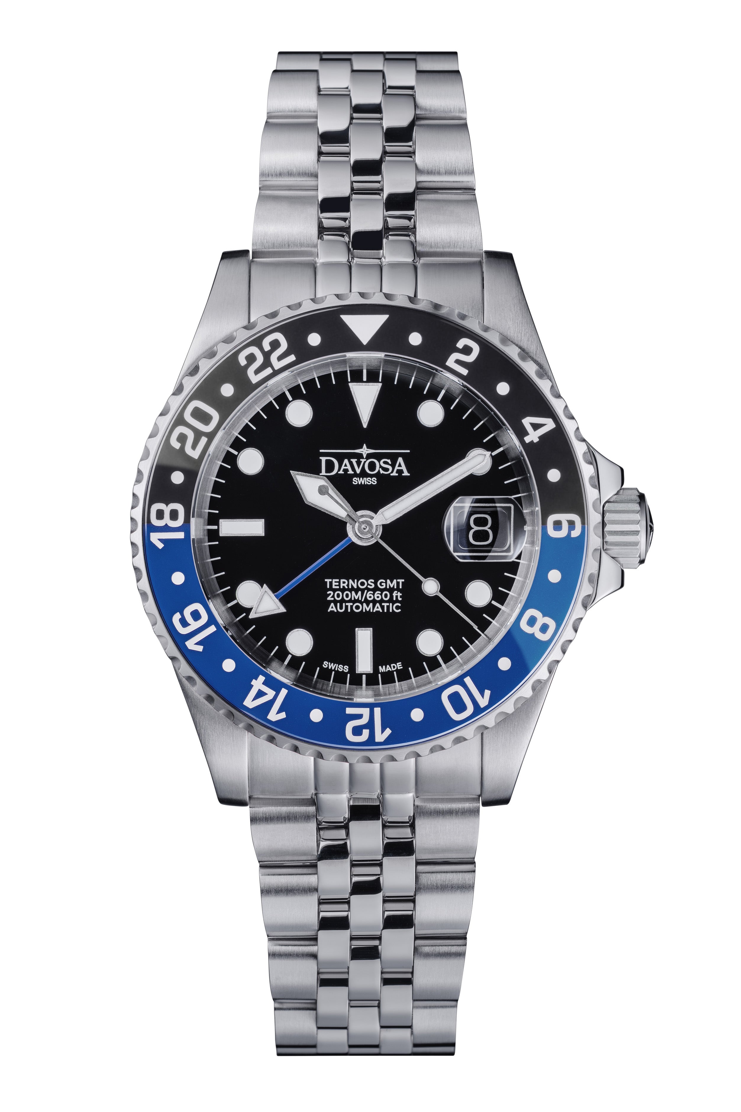 DAVOSA Ternos GMT 40mm Automatic - Swiss Made Dual Time Zone Diver’s Watch - Blue and Black with Loupe Ref. 161.564.04 GMT Davosa USA Official Distributor. Prices are Final. Tax & duties included. Black-Blue Pentalink With Loupe