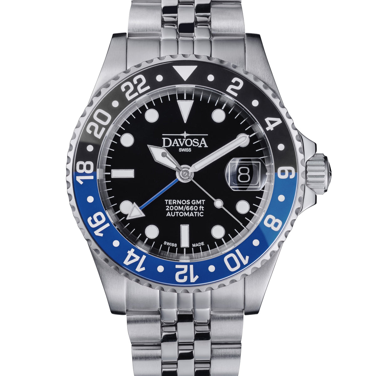 DAVOSA Ternos GMT 40mm Automatic - Swiss Made Dual Time Zone Diver’s Watch - Blue and Black GMT DAVOSA Swiss PentaLink With Date loupe