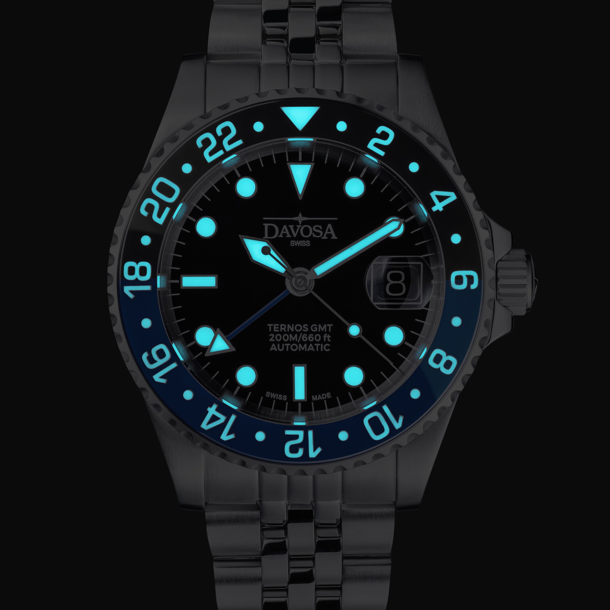 DAVOSA Ternos GMT 40mm Automatic - Swiss Made Dual Time Zone Diver’s Watch - Blue and Black with Loupe Ref. 161.564.04 GMT Davosa USA Official Distributor. Prices are Final. Tax & duties included.