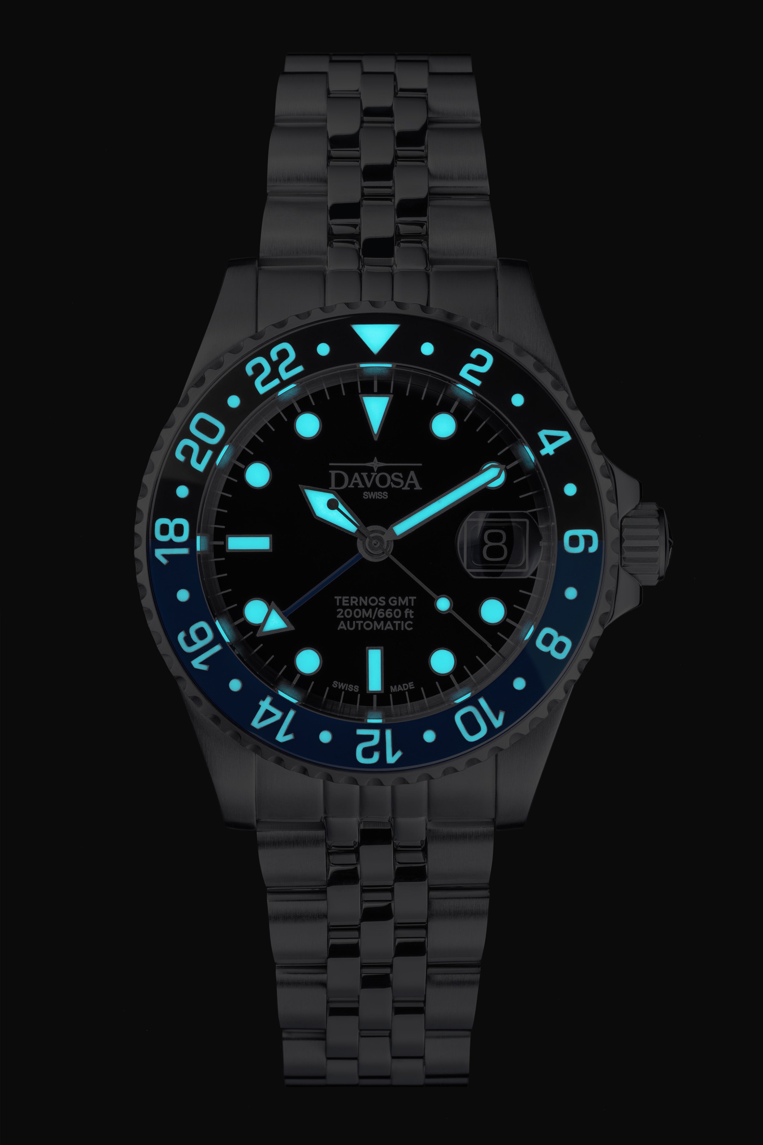 DAVOSA Ternos GMT 40mm Automatic - Swiss Made Dual Time Zone Diver’s Watch - Blue and Black with Loupe Ref. 161.564.04 GMT Davosa USA Official Distributor. Prices are Final. Tax & duties included.