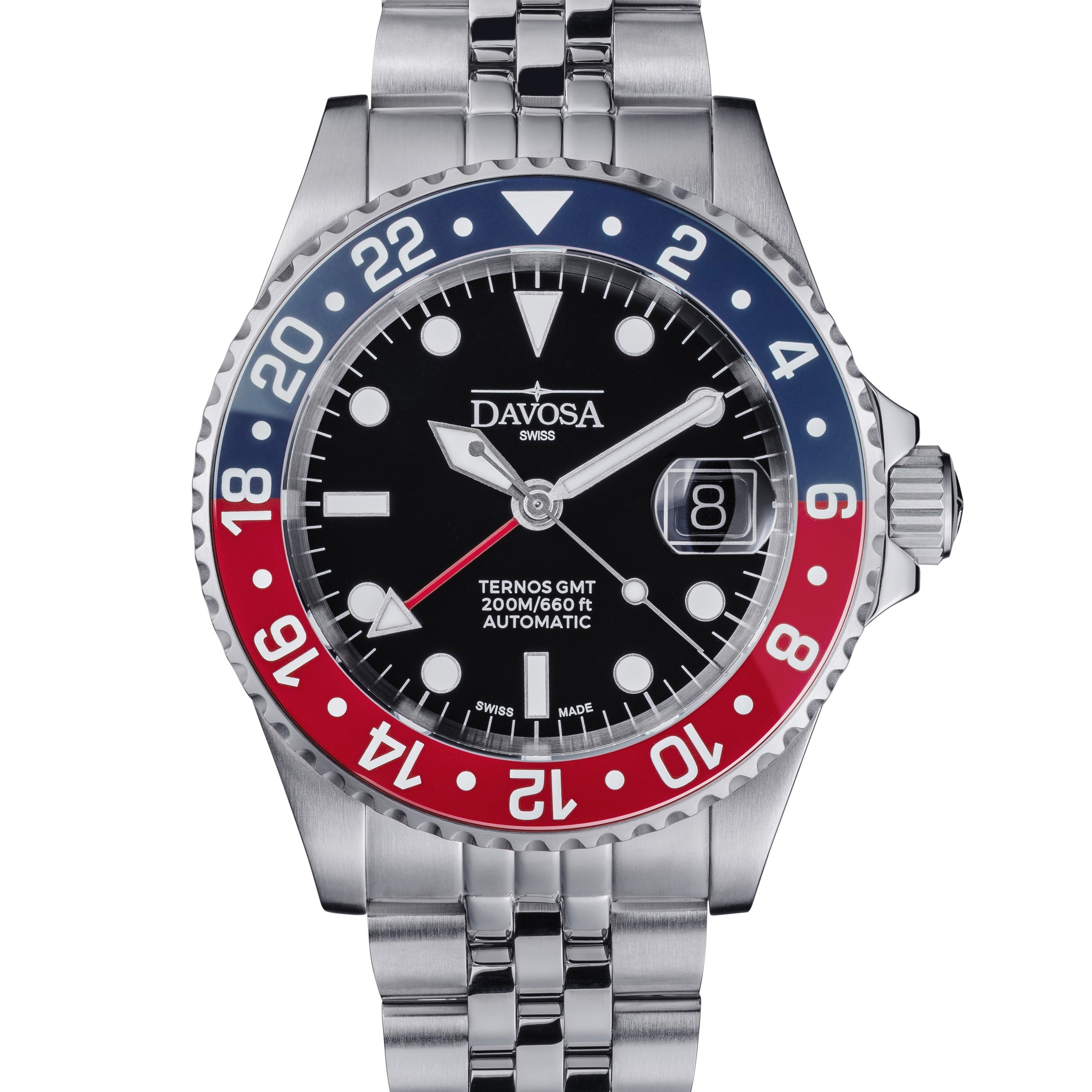DAVOSA Ternos GMT 40mm Automatic - Swiss Made Dual Time Zone Diver’s Watch - Blue and Red with Loupe Ref. 161.564.06 GMT Davosa USA Official Distributor. Prices are Final. Tax & duties included. Blue-Red Pentalink With Loupe
