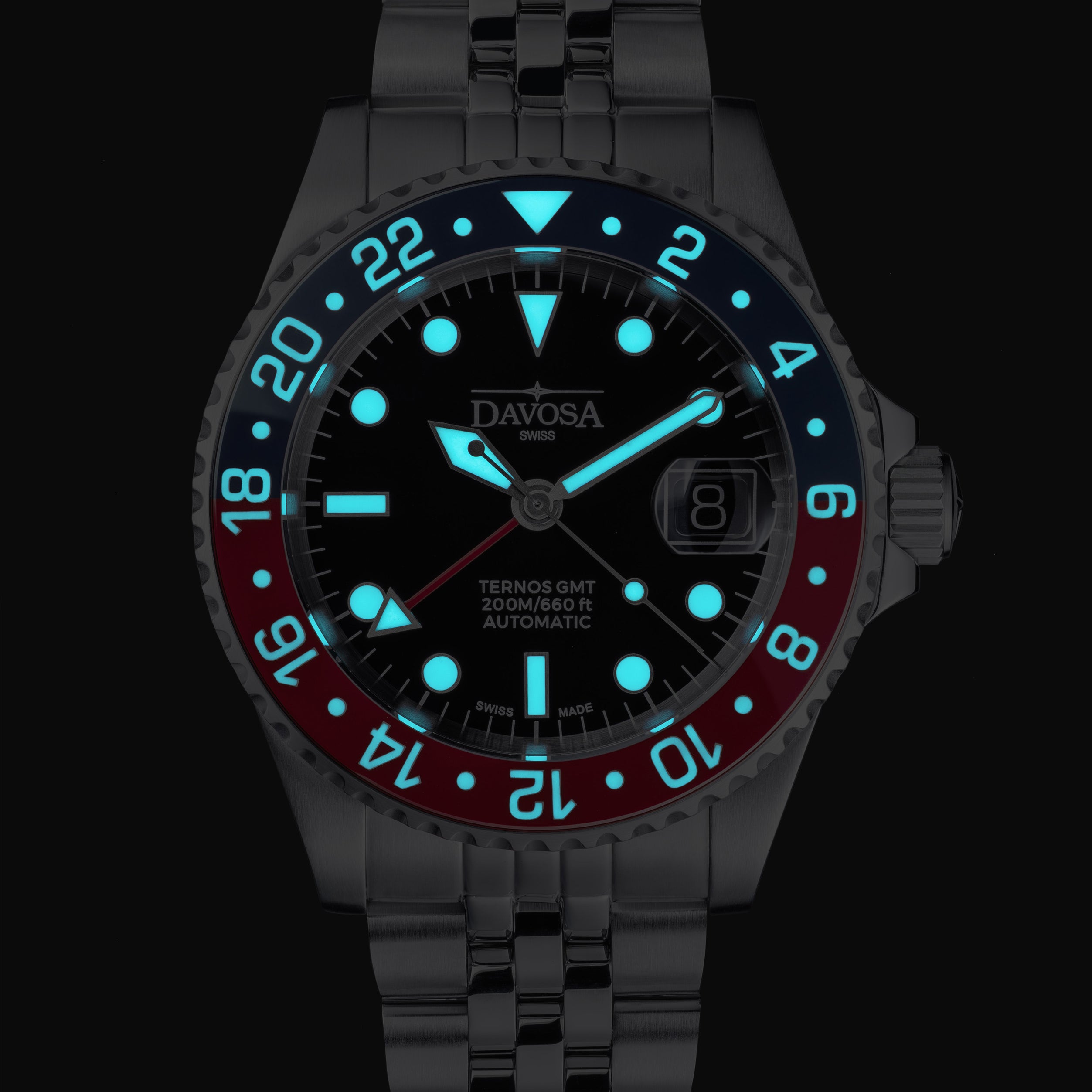 DAVOSA Ternos GMT 40mm Automatic - Swiss Made Dual Time Zone Diver’s Watch - Blue and Red with Loupe Ref. 161.564.06 GMT Davosa USA Official Distributor. Prices are Final. Tax & duties included.
