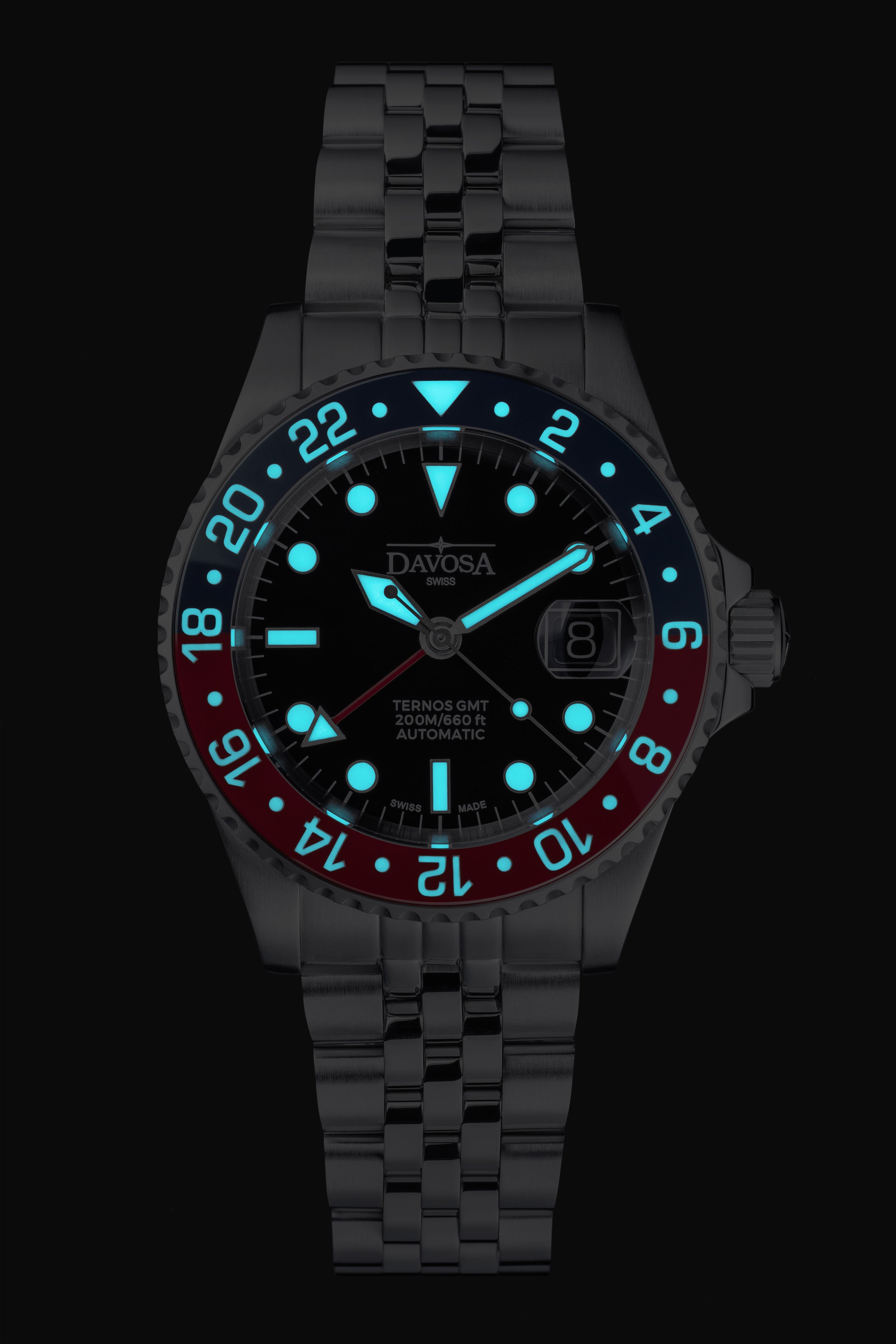 DAVOSA Ternos GMT 40mm Automatic - Swiss Made Dual Time Zone Diver’s Watch - Blue and Red with Loupe Ref. 161.564.06 GMT Davosa USA Official Distributor. Prices are Final. Tax & duties included.
