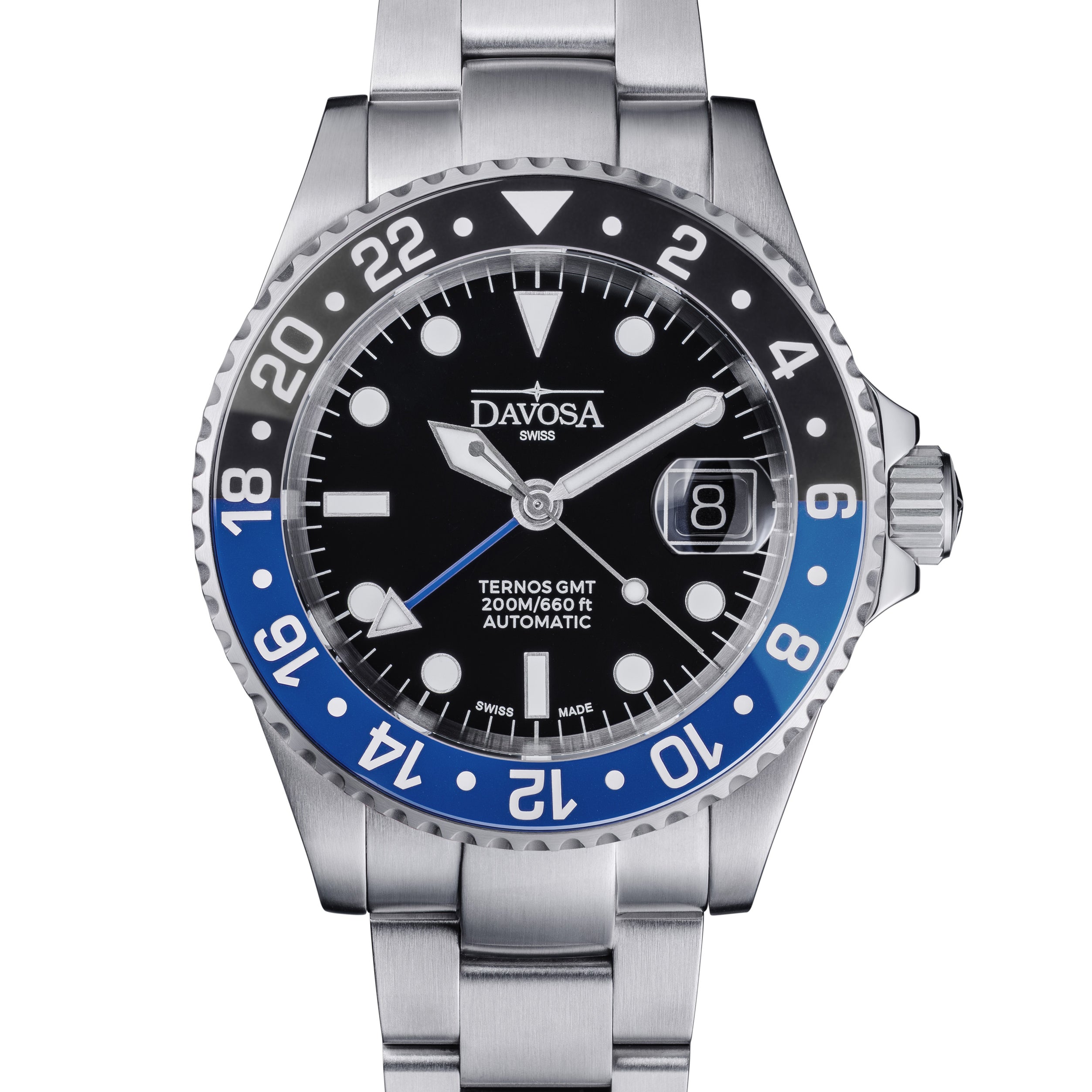 DAVOSA Ternos GMT 40mm Automatic - Swiss Made Dual Time Zone Diver’s Watch - Blue and Black with Loupe Ref. 161.564.40 GMT Davosa USA Official Distributor. Prices are Final. Tax & duties included. Black-Blue Trialink With Loupe